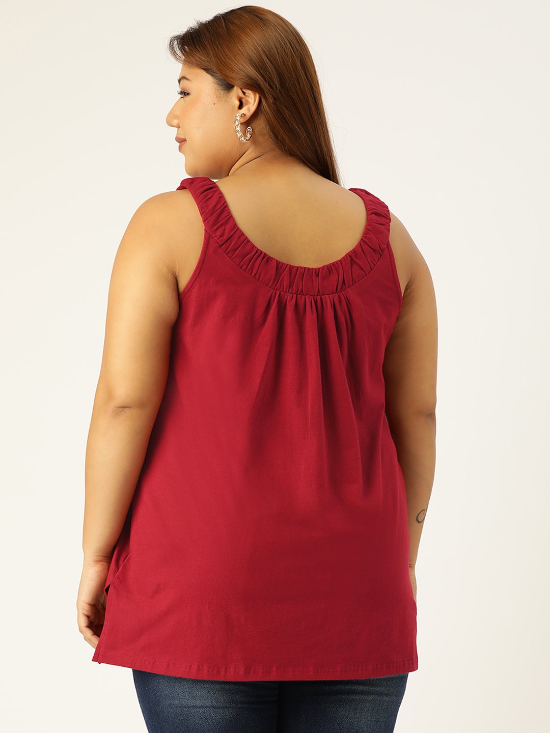 Women's Plus Size Maroon Solid Color Front Pleated Cotton Longline Top