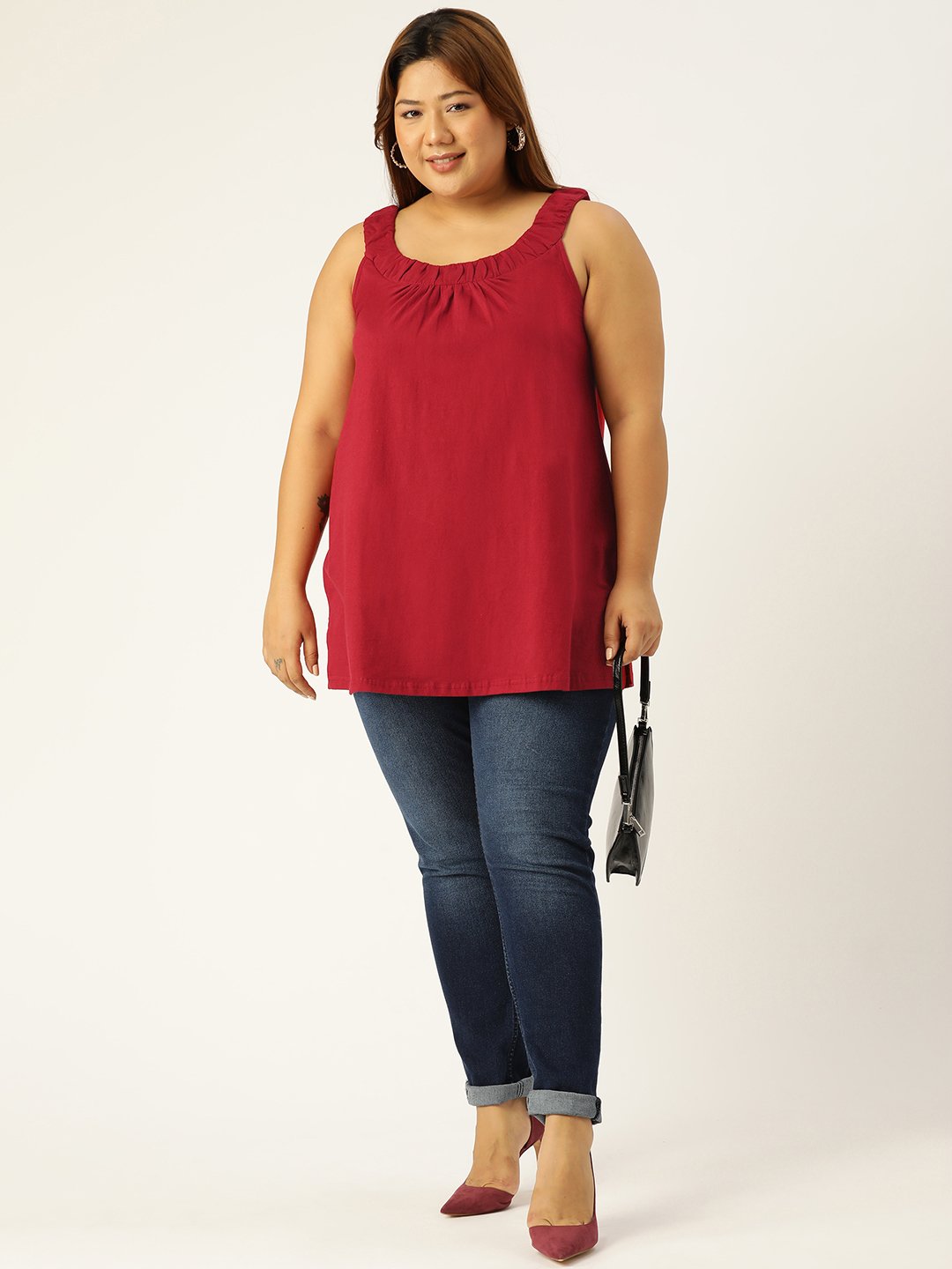 Women's Plus Size Maroon Solid Color Front Pleated Cotton Longline Top
