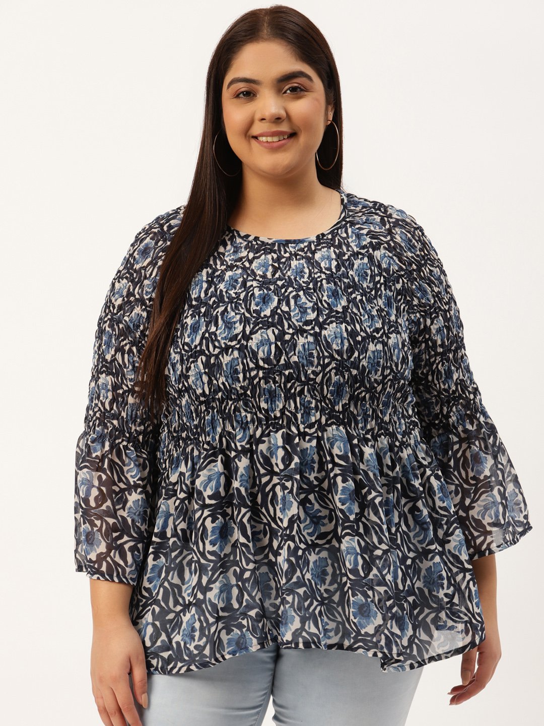 Women's Plus Size Blue & Off White Floral Print Smocked Georgette A