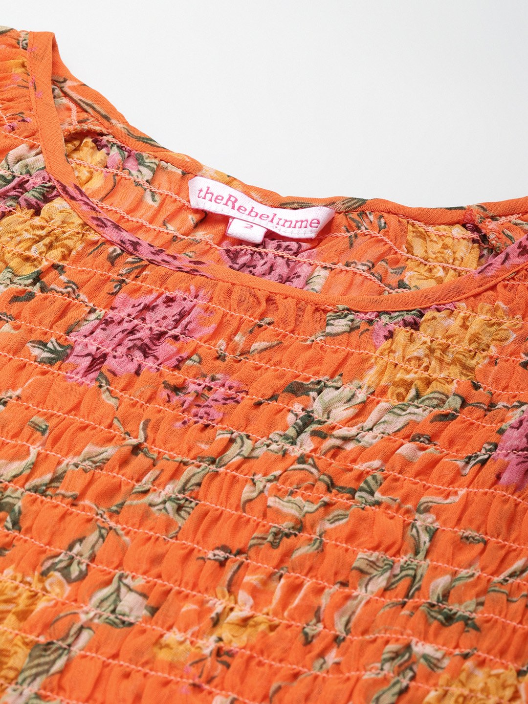 Women's Plus Size Orange & Green Floral Print Smocked Georgette A