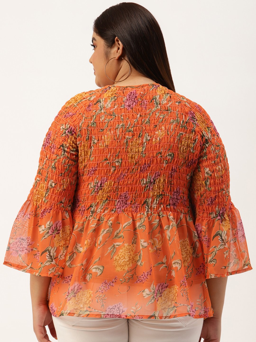 Women's Plus Size Orange & Green Floral Print Smocked Georgette A