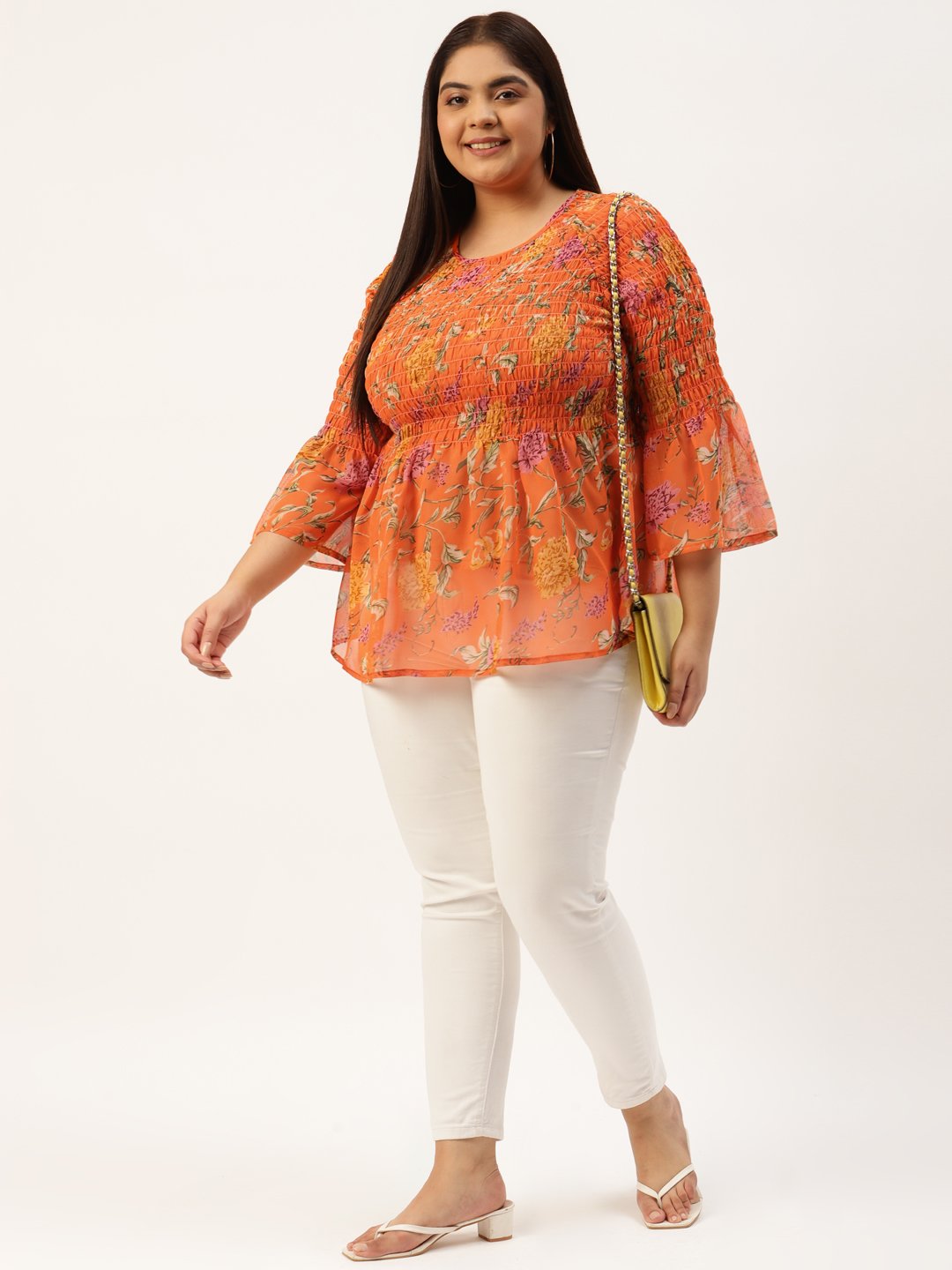 Women's Plus Size Orange & Green Floral Print Smocked Georgette A