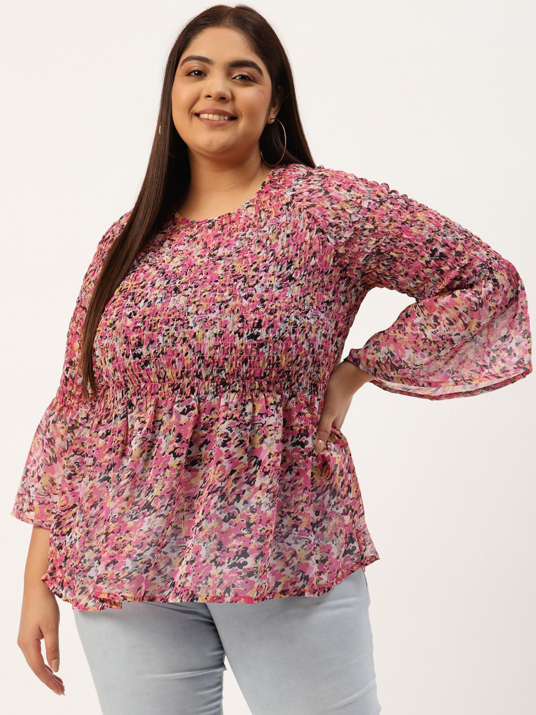 Women's Plus Size Pink & Black Floral Print Smocked Georgette A