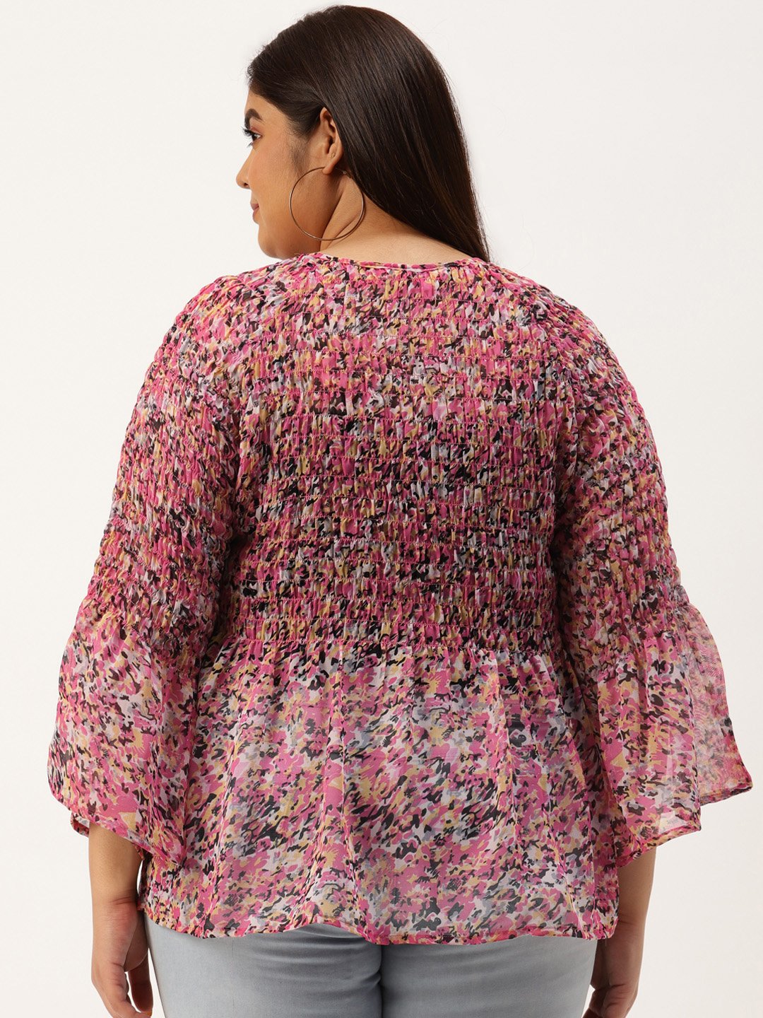 Women's Plus Size Pink & Black Floral Print Smocked Georgette A