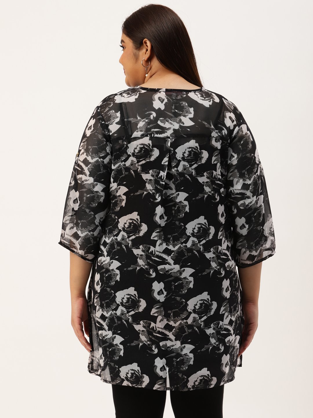 Women's Plus Size Black & Grey Floral Printed Longline Shirt