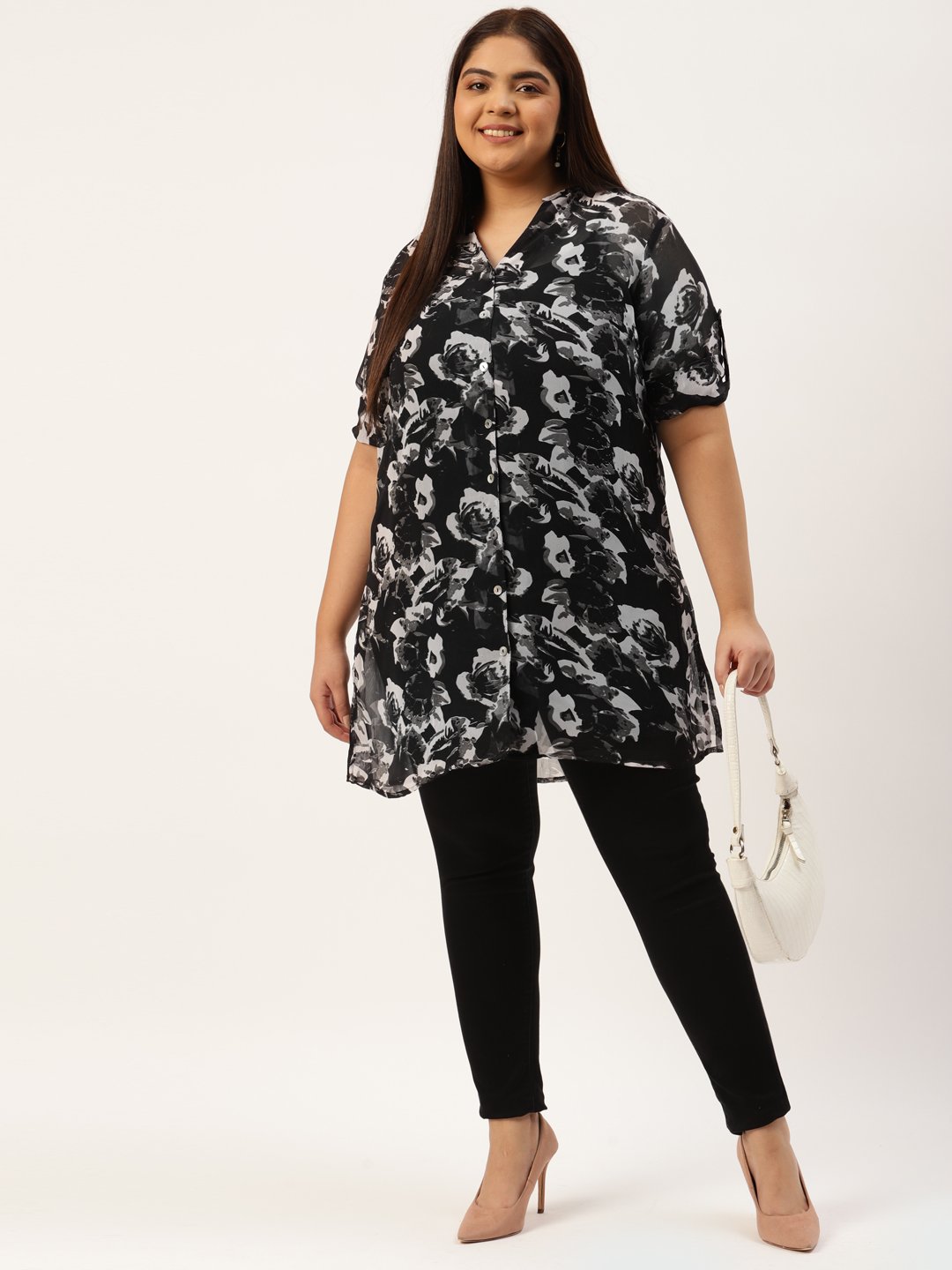 Women's Plus Size Black & Grey Floral Printed Longline Shirt