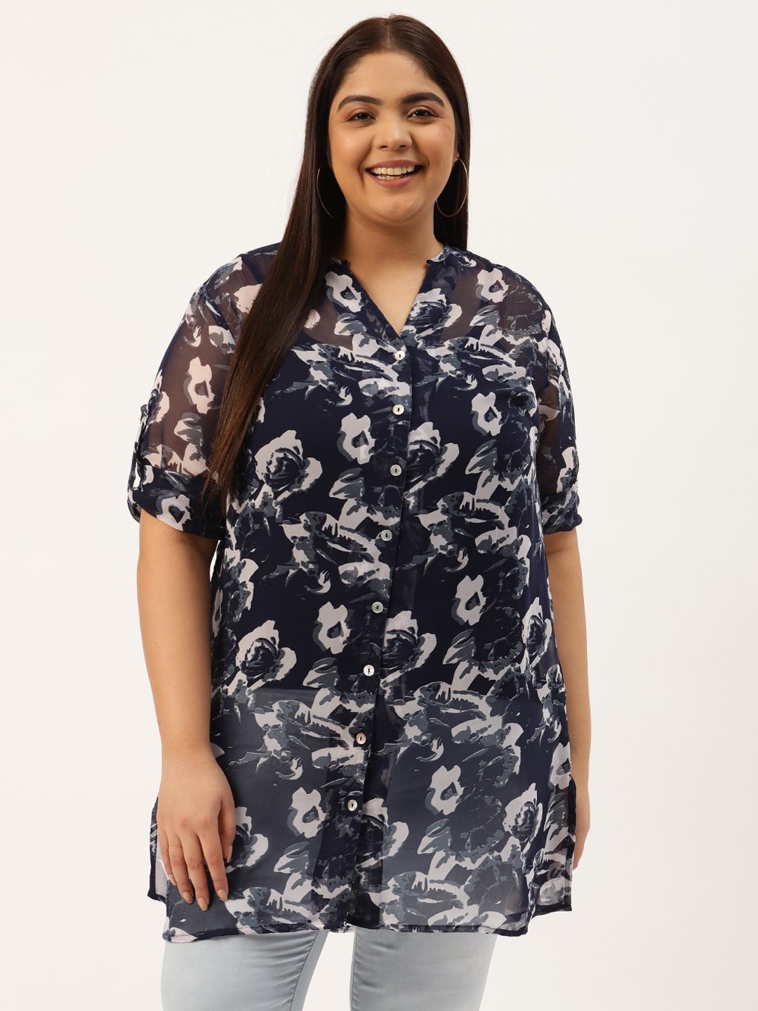 Women's Plus Size Navy Blue & Off White Floral Printed Longline Shirt