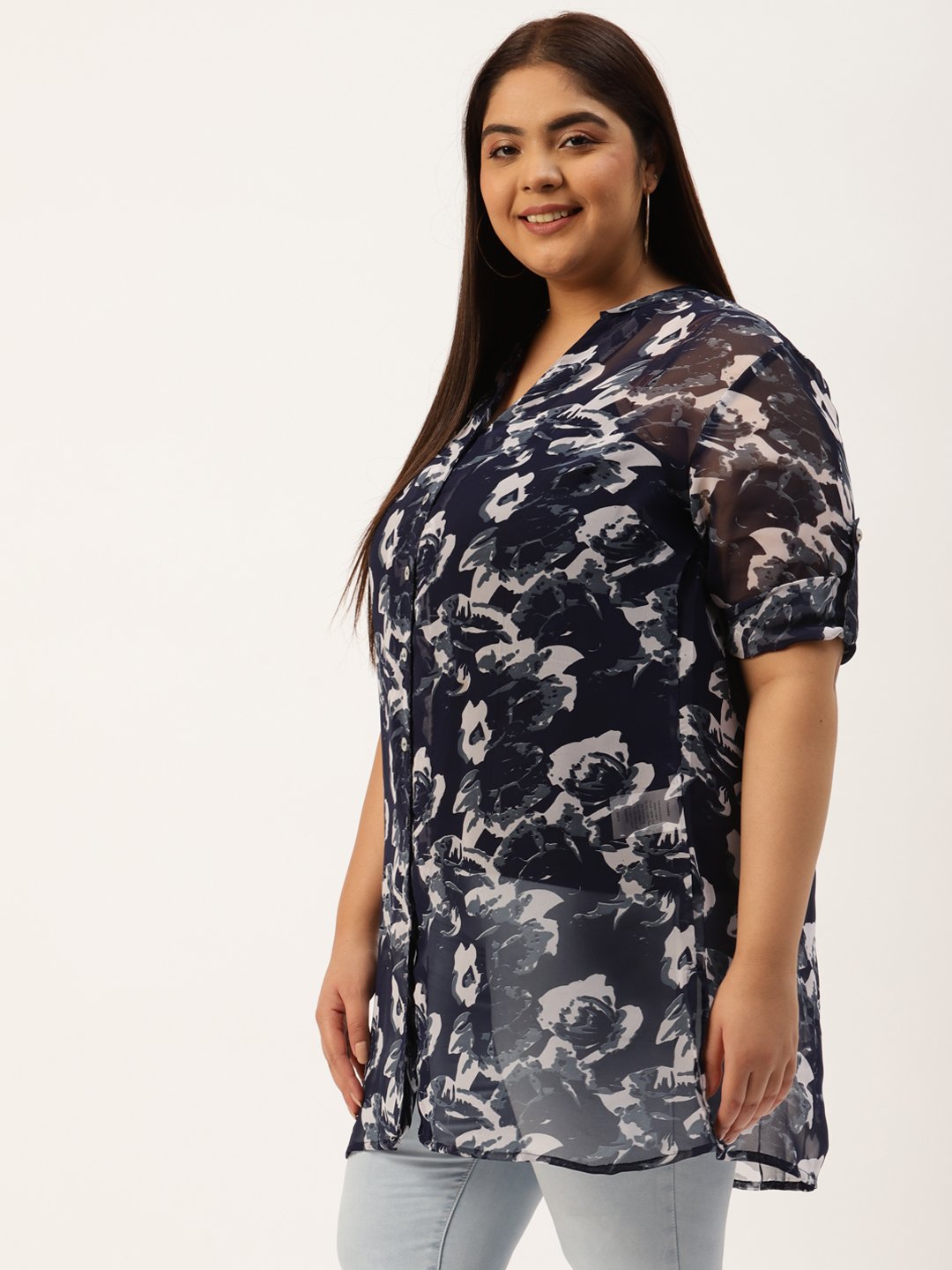 Women's Plus Size Navy Blue & Off White Floral Printed Longline Shirt