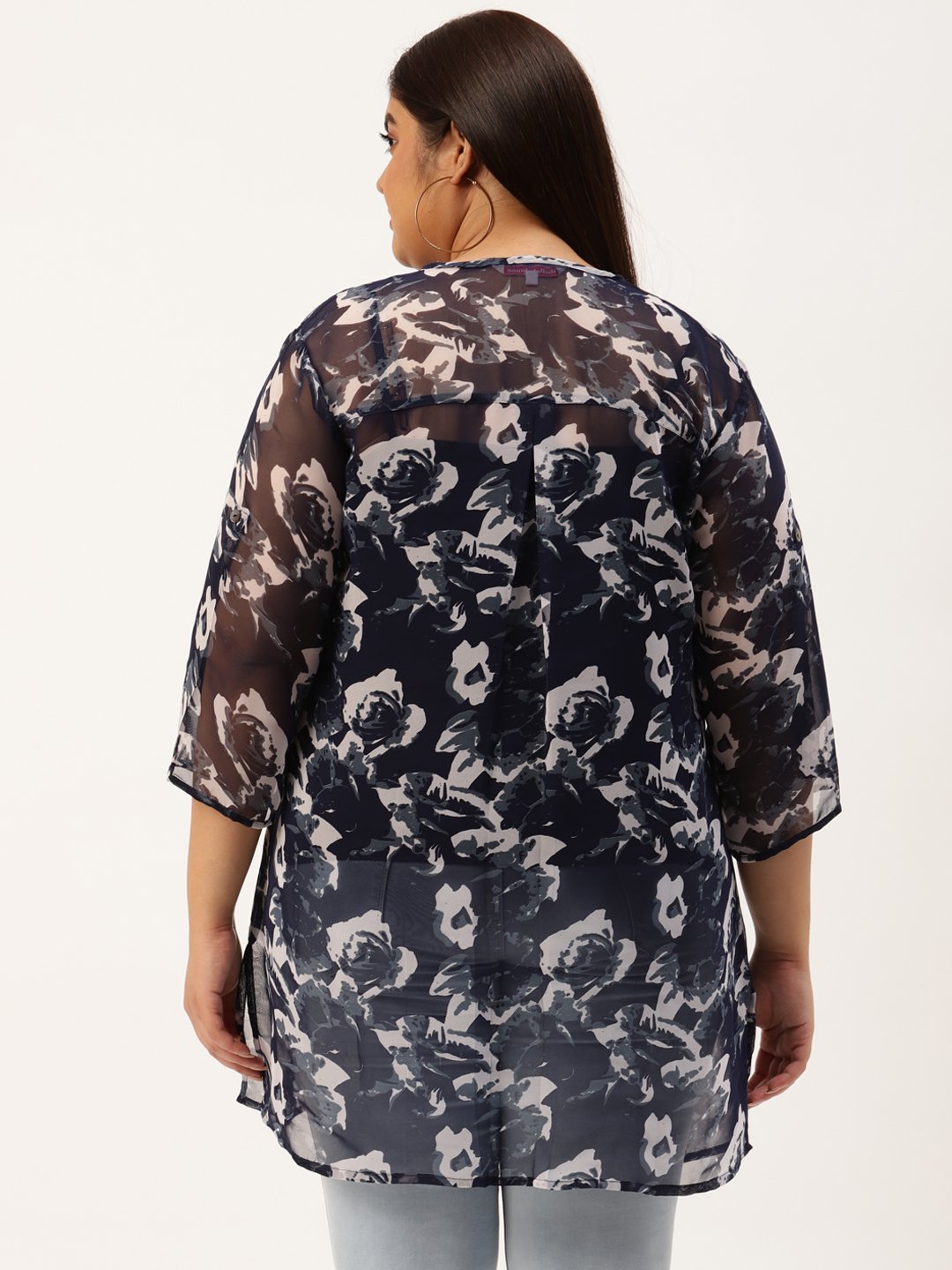 Women's Plus Size Navy Blue & Off White Floral Printed Longline Shirt
