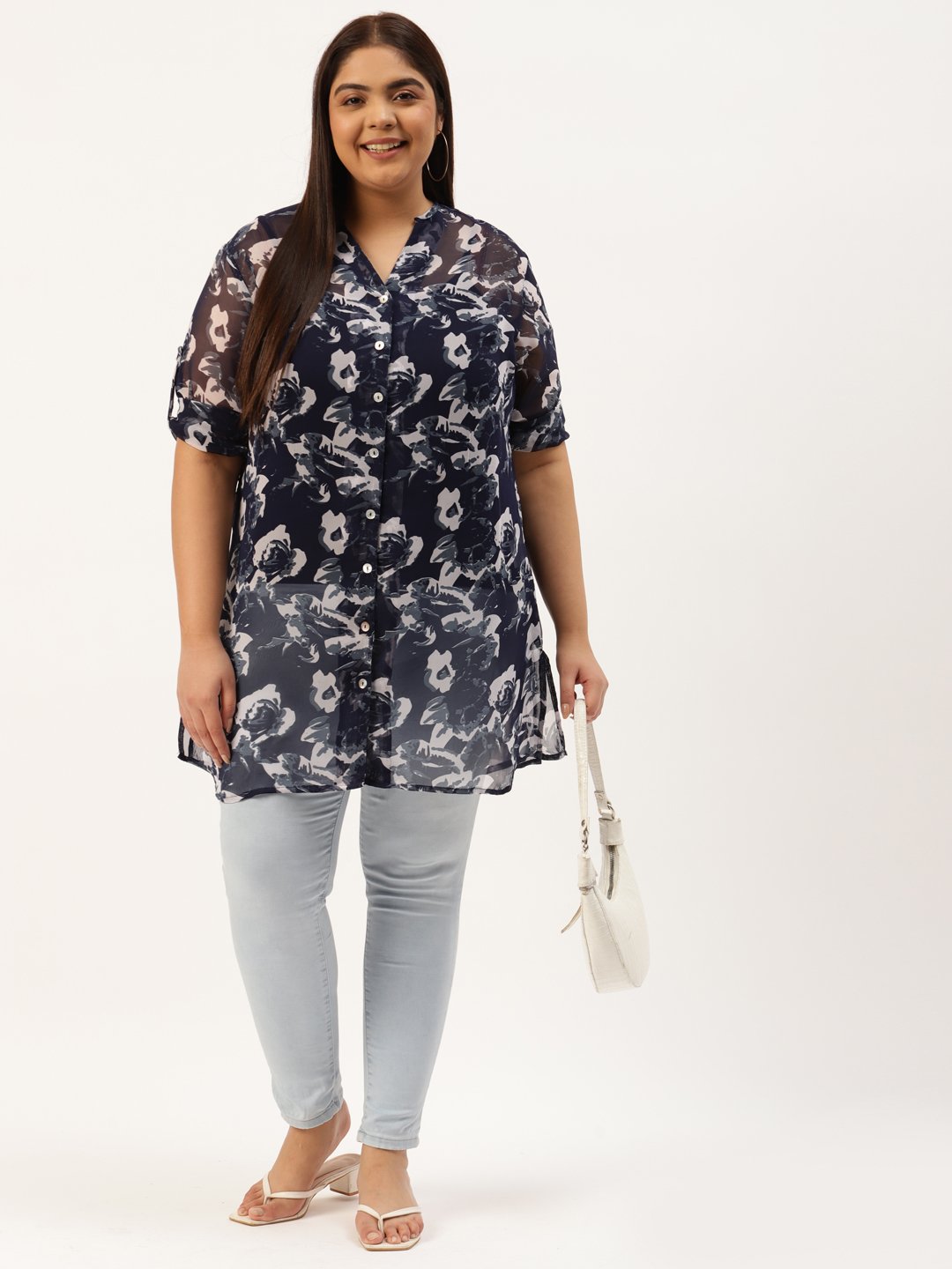 Women's Plus Size Navy Blue & Off White Floral Printed Longline Shirt