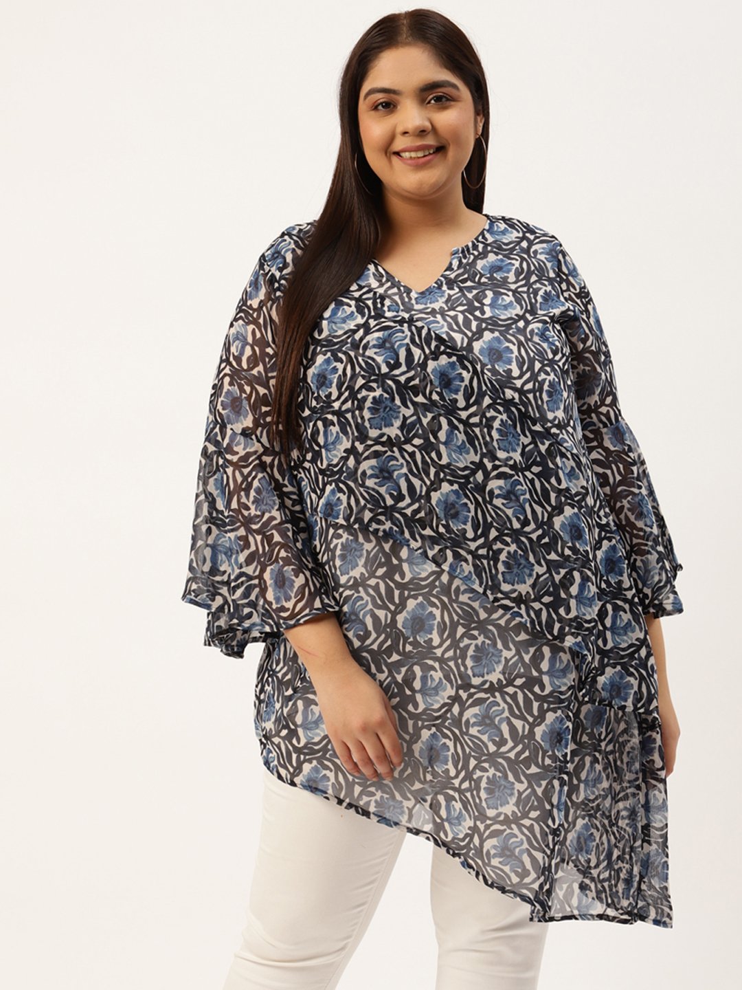 Women's Plus Size Blue & Off White Floral Print Longline Asymmetric Georgette Top