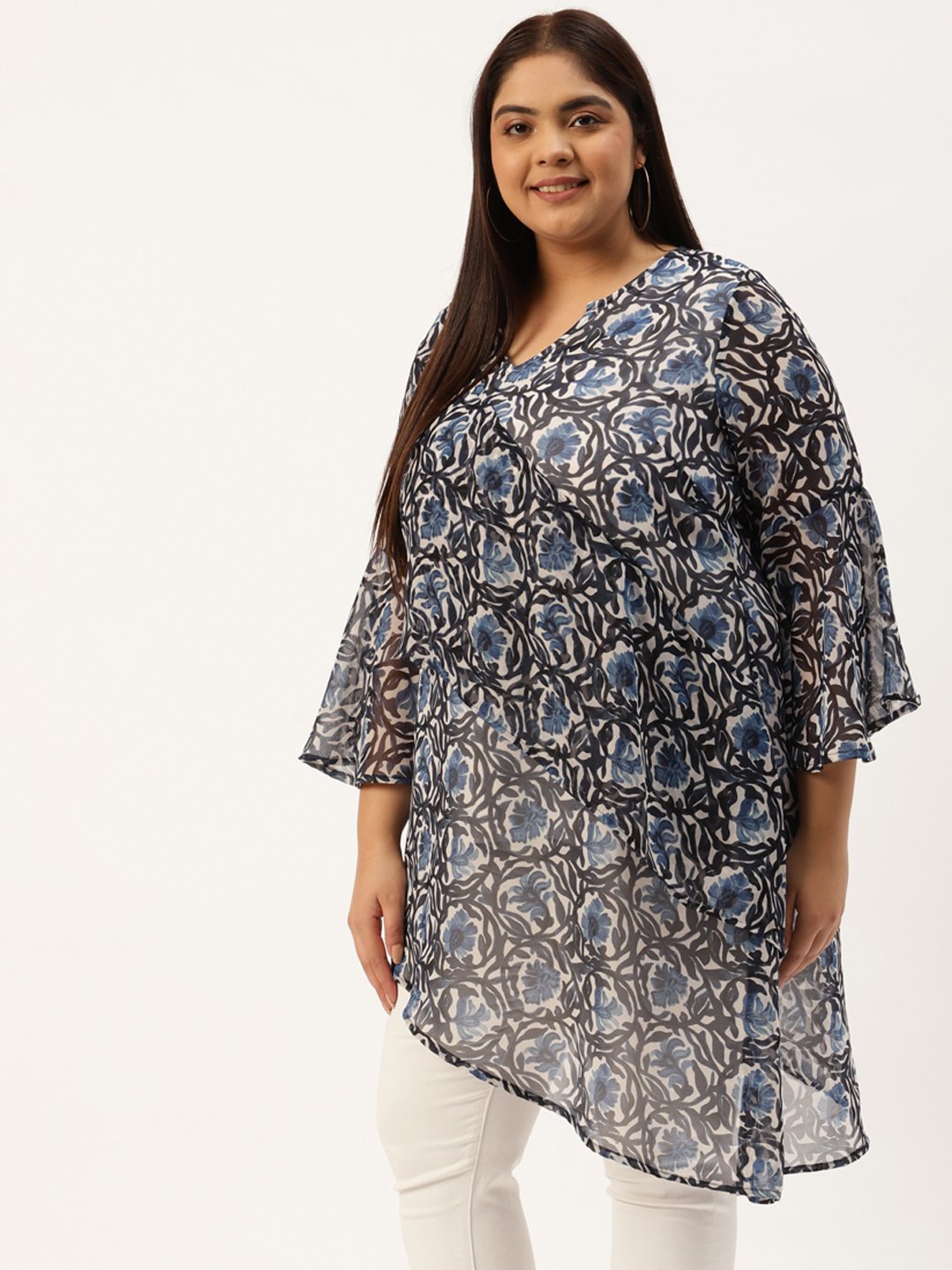 Women's Plus Size Blue & Off White Floral Print Longline Asymmetric Georgette Top