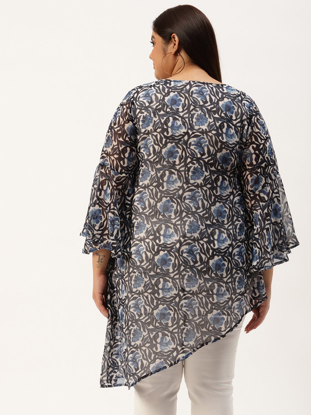 Women's Plus Size Blue & Off White Floral Print Longline Asymmetric Georgette Top