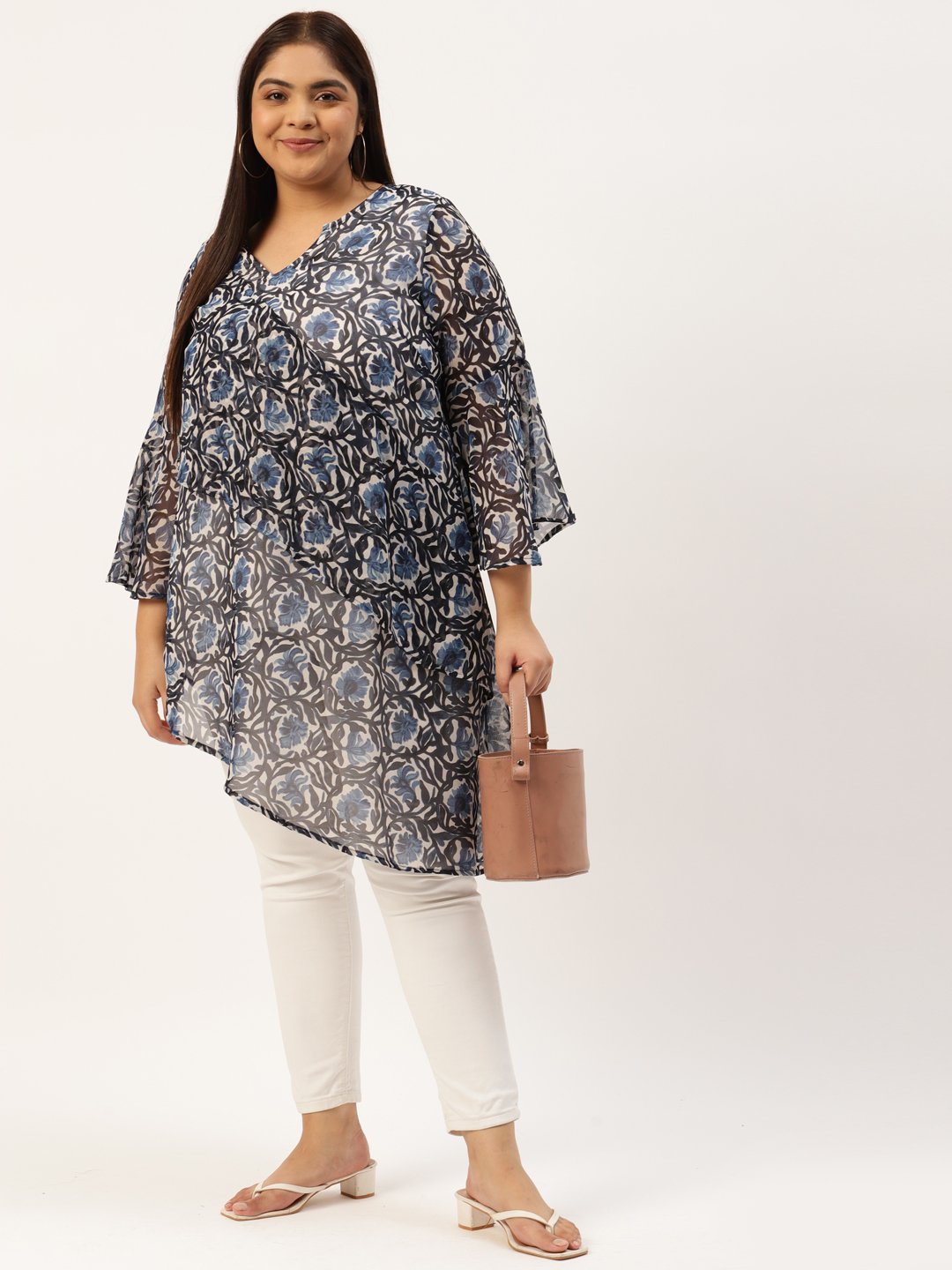 Women's Plus Size Blue & Off White Floral Print Longline Asymmetric Georgette Top