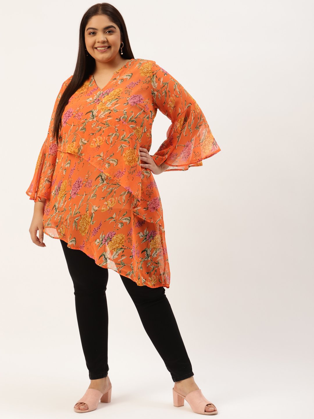Women's Plus Size Orange & Green Floral Print Longline Asymmetric Georgette Top
