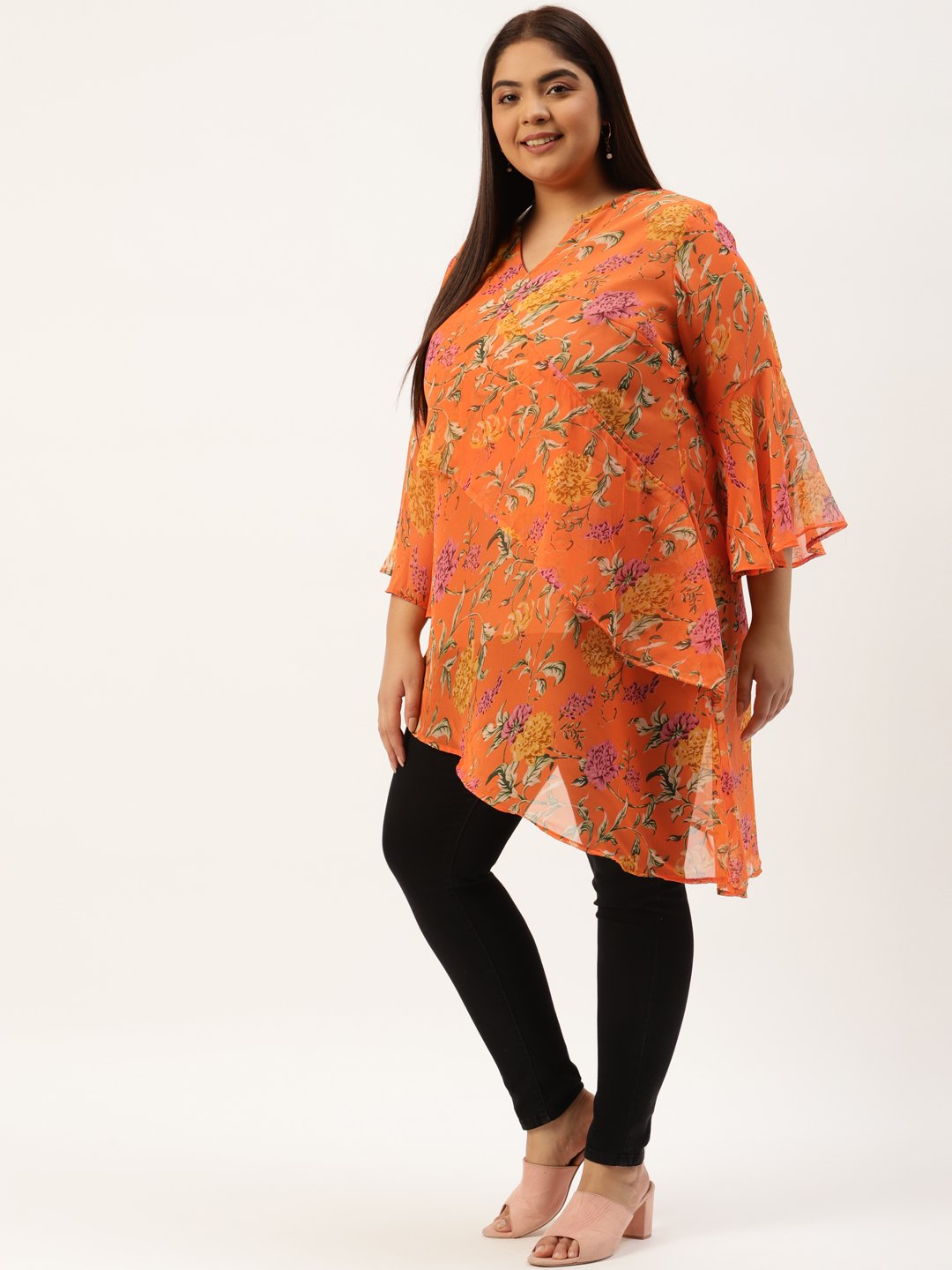 Women's Plus Size Orange & Green Floral Print Longline Asymmetric Georgette Top