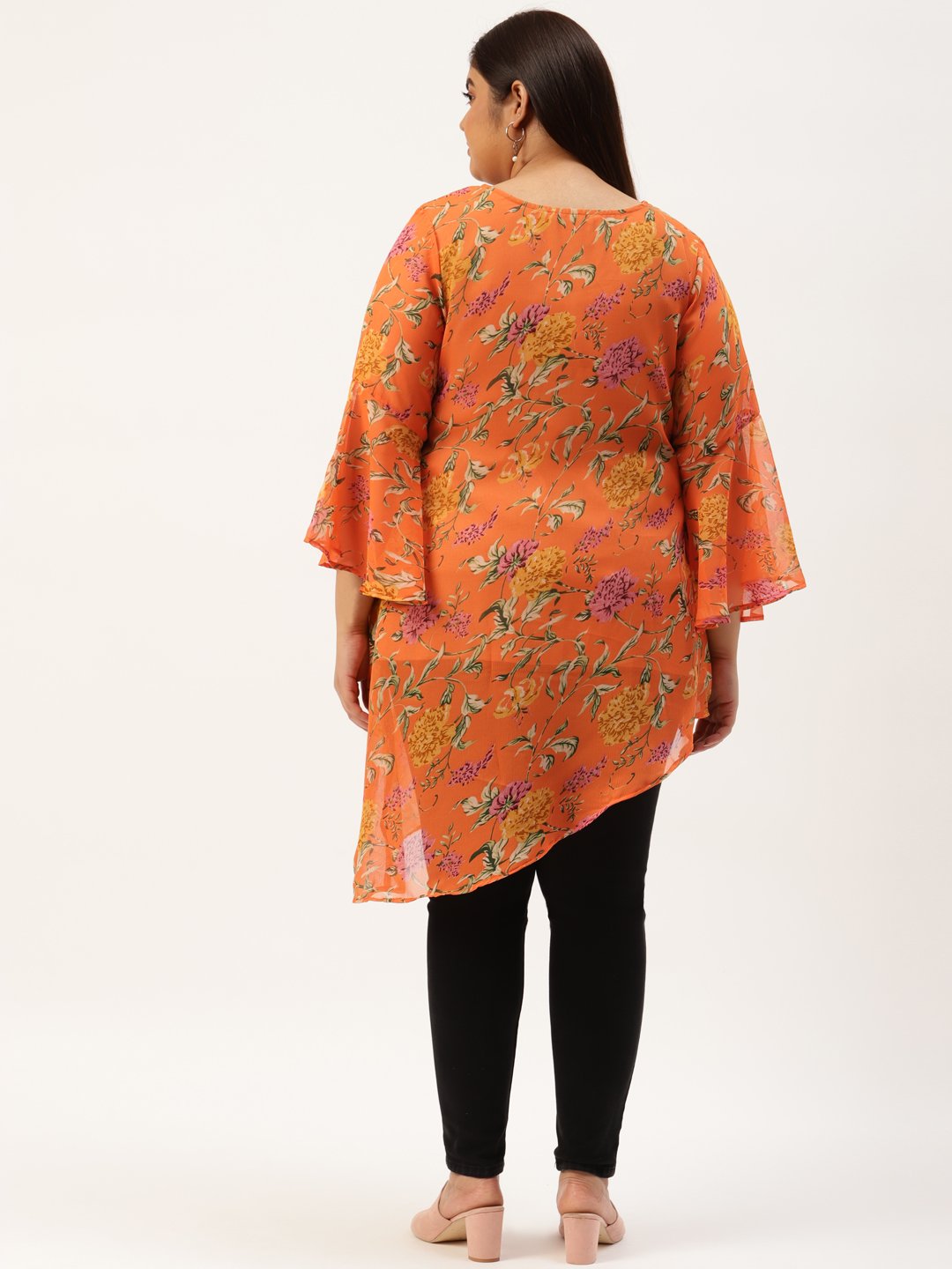 Women's Plus Size Orange & Green Floral Print Longline Asymmetric Georgette Top