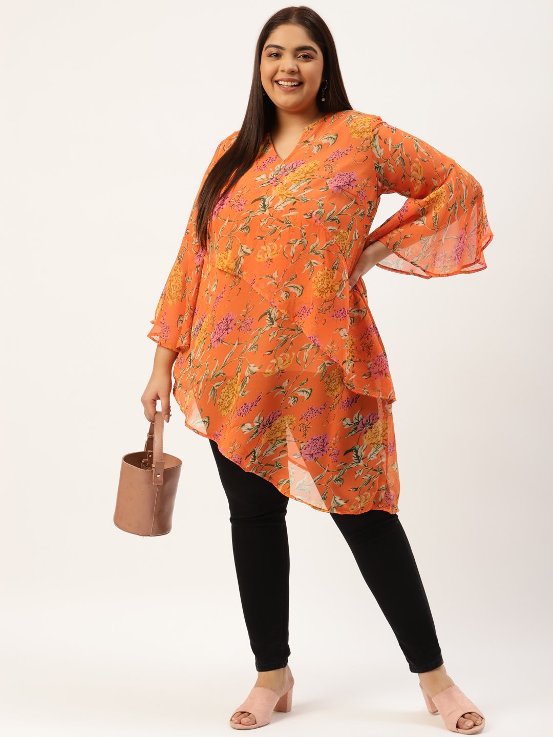 Women's Plus Size Orange & Green Floral Print Longline Asymmetric Georgette Top