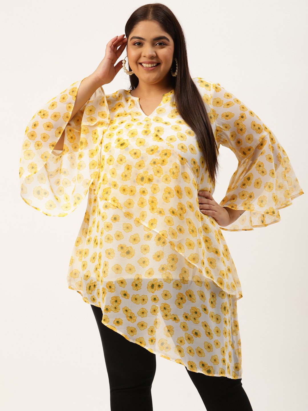 Women's Plus Size Yellow & Off White Floral Print Longline Asymmetric Georgette Top