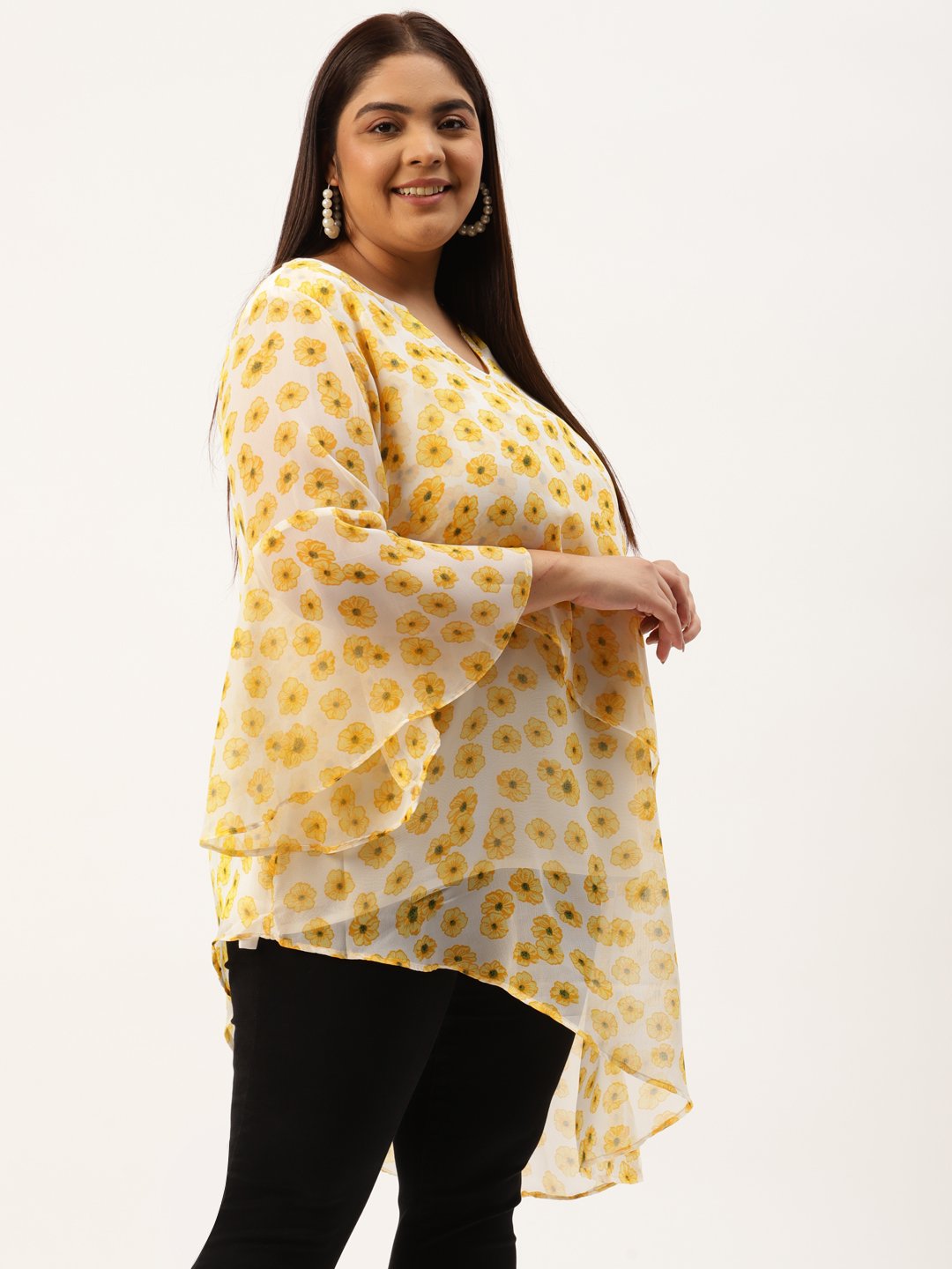 Women's Plus Size Yellow & Off White Floral Print Longline Asymmetric Georgette Top