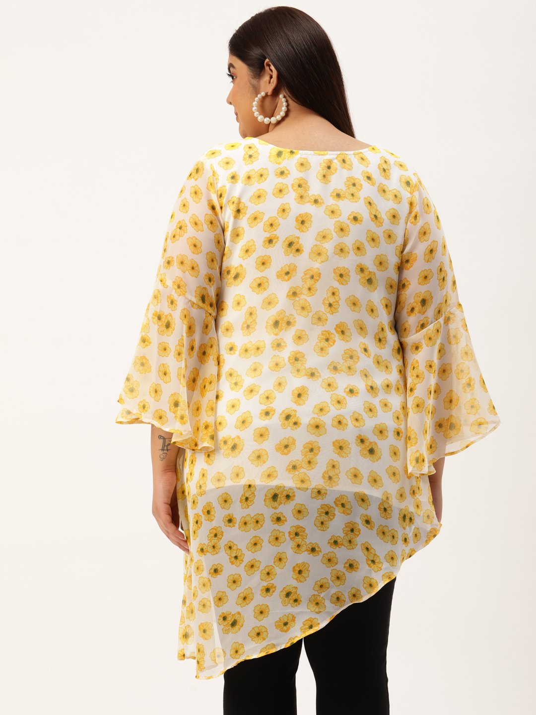 Women's Plus Size Yellow & Off White Floral Print Longline Asymmetric Georgette Top