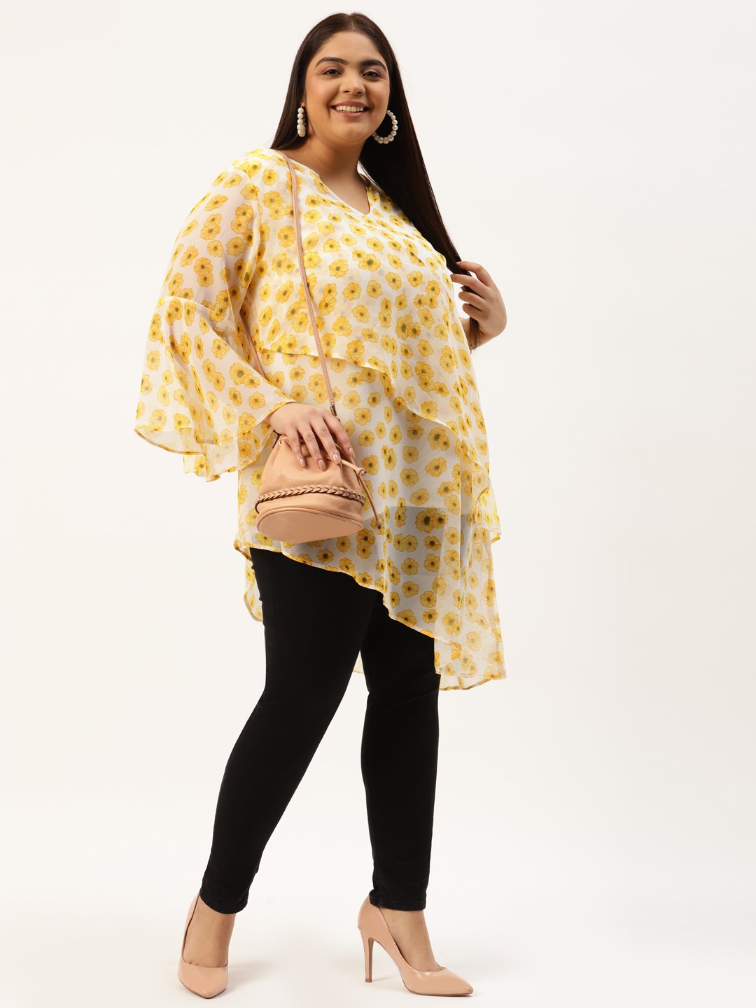 Women's Plus Size Yellow & Off White Floral Print Longline Asymmetric Georgette Top