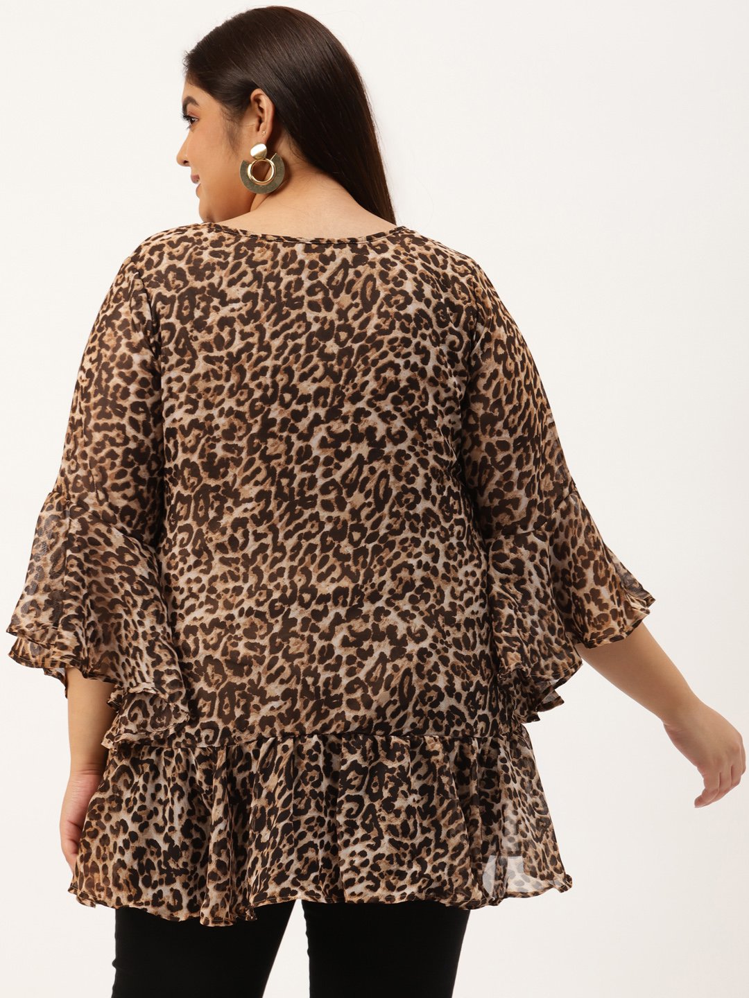 Women's Plus Size Beige & Coffe Brown Animal Print Layered Georgette Top