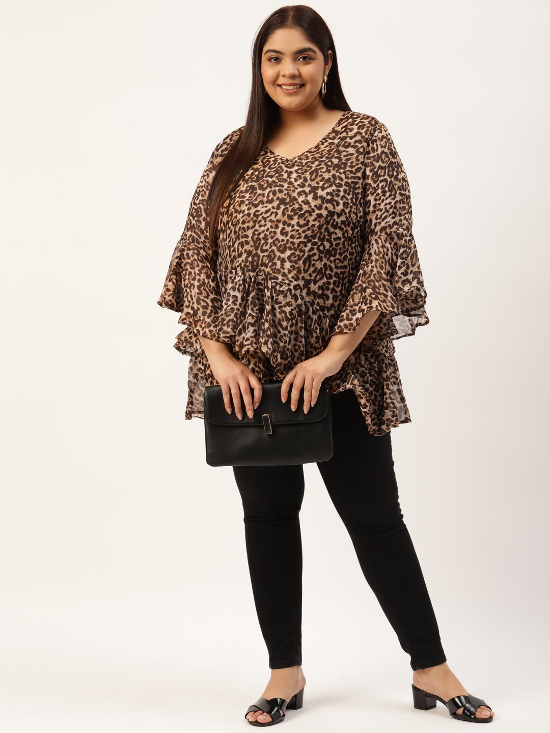 Women's Plus Size Beige & Coffe Brown Animal Print Layered Georgette Top