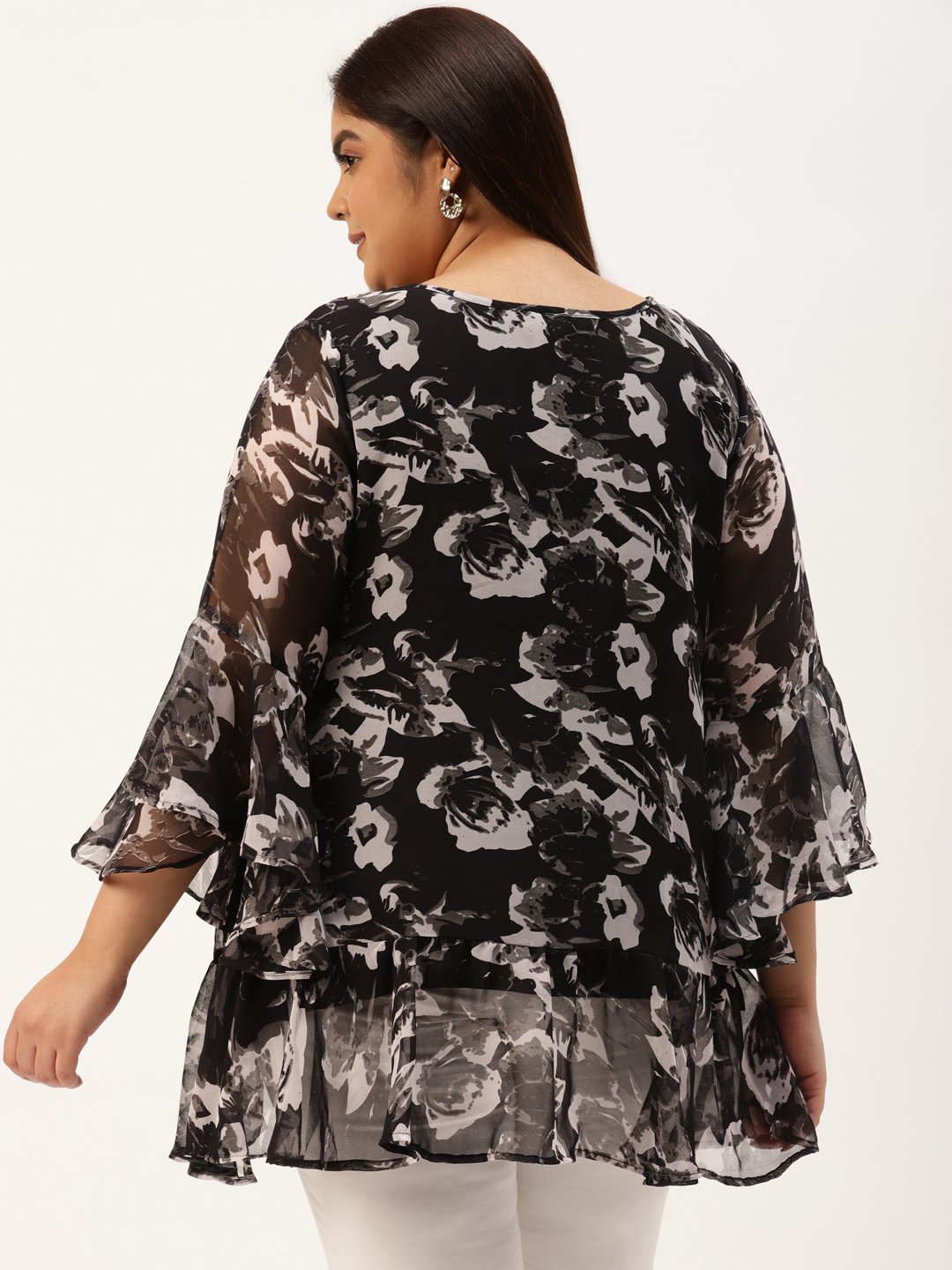 Women's Plus Size Black & Grey Floral Print Layered Georgette Top