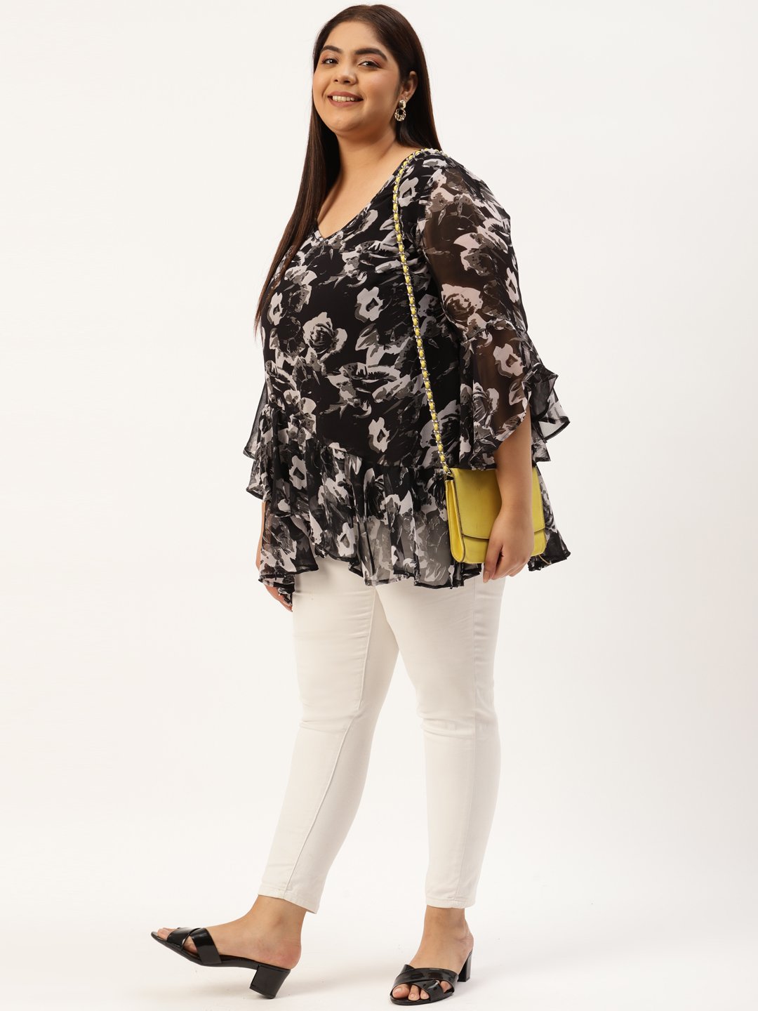 Women's Plus Size Black & Grey Floral Print Layered Georgette Top