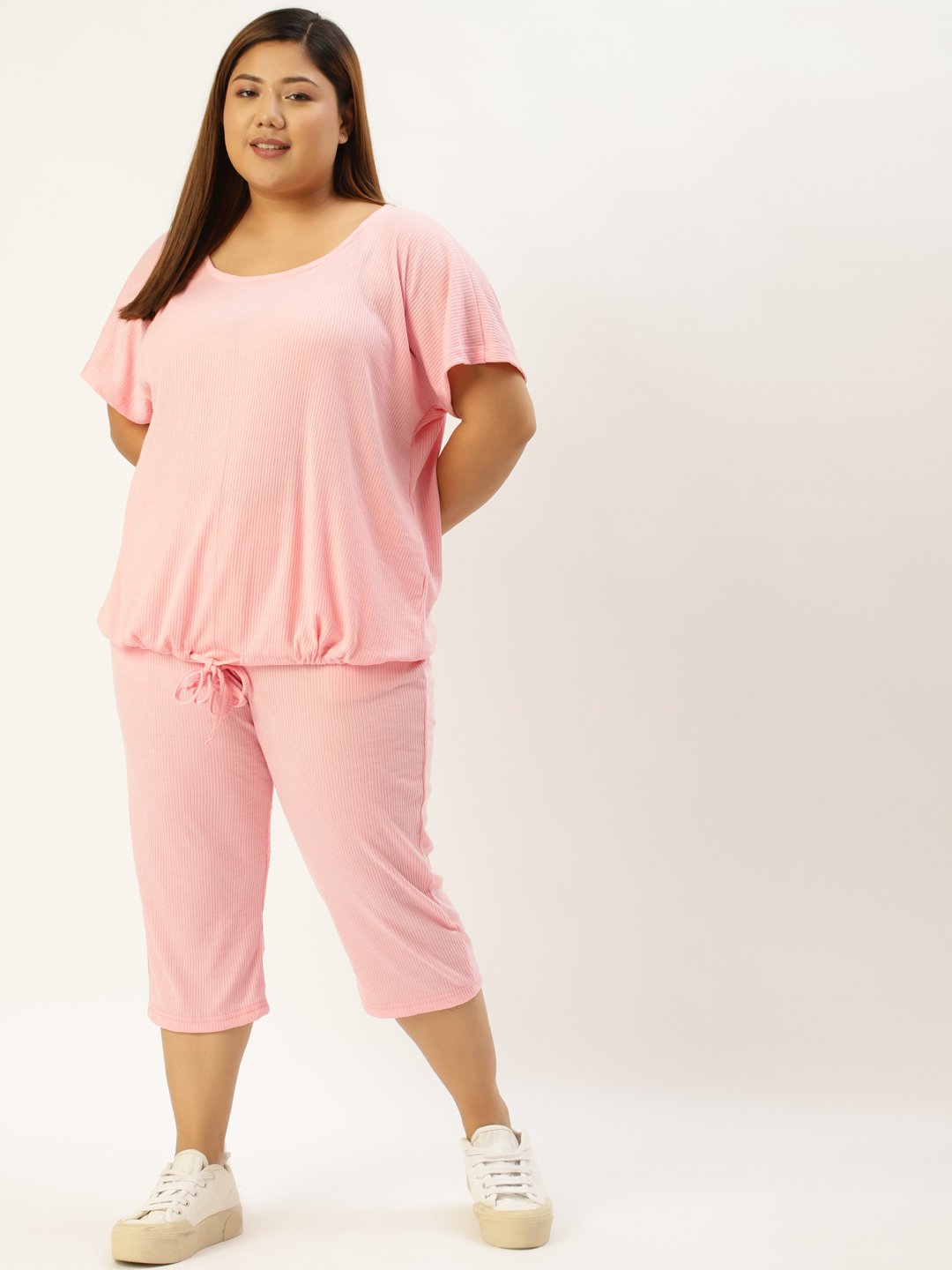 Women's Plus Size Pink Solid Color Ribbed Top & Capri Set