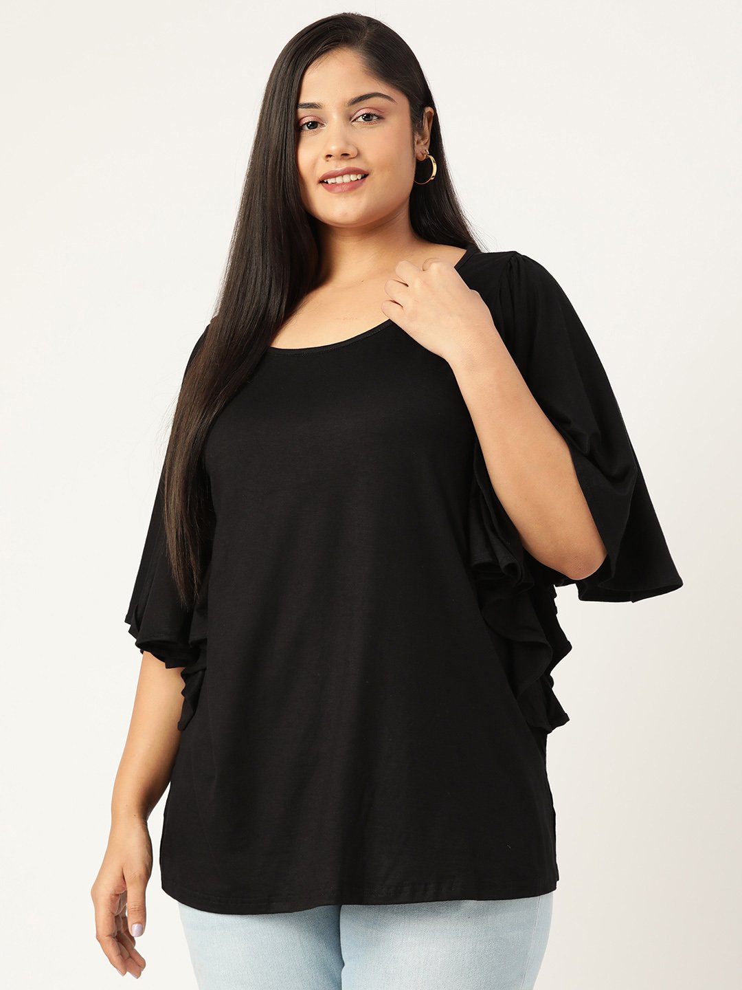 Women's Plus Size Black Solid Color Viscose Knitted Longline top