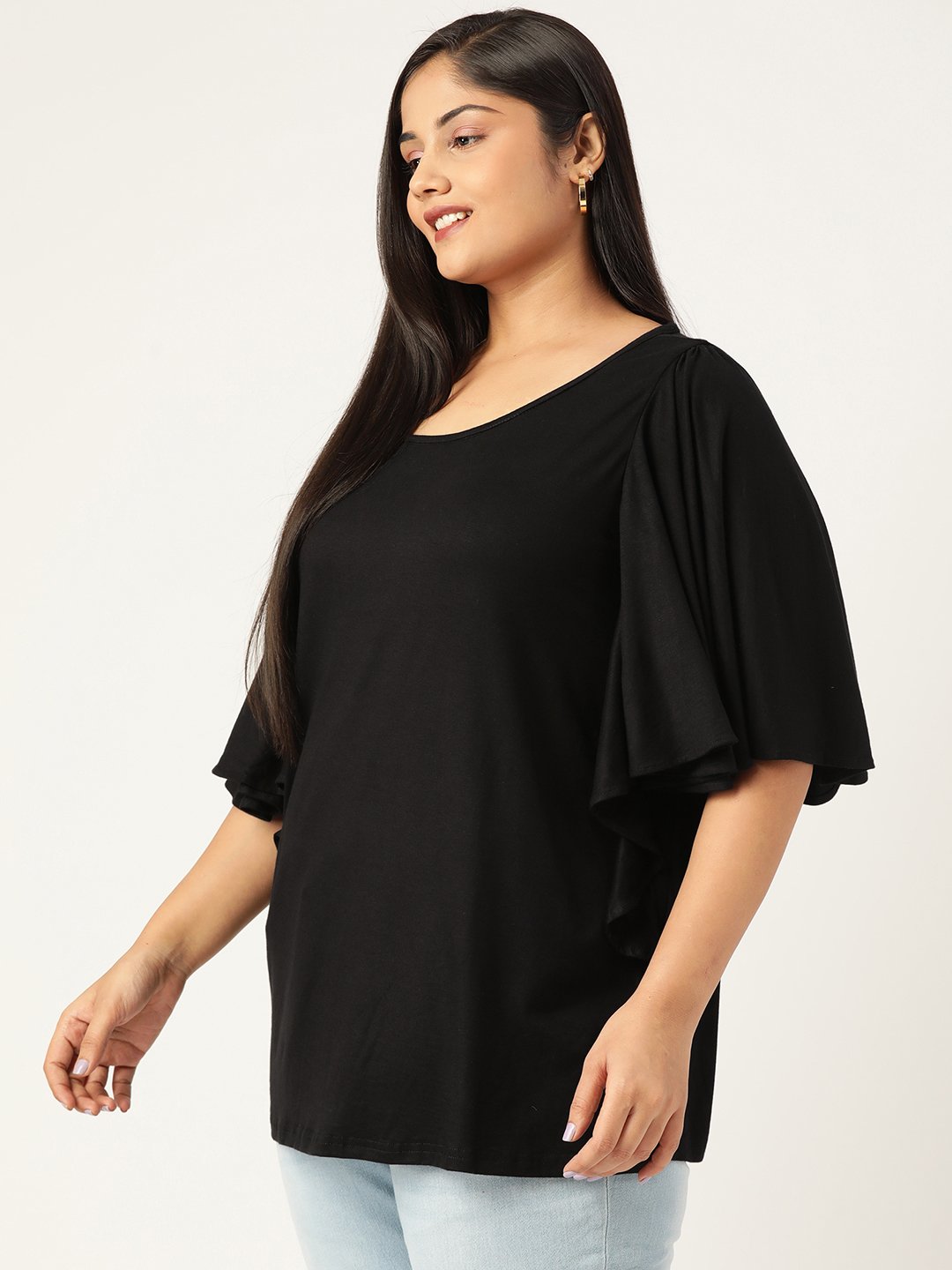 Women's Plus Size Black Solid Color Viscose Knitted Longline top