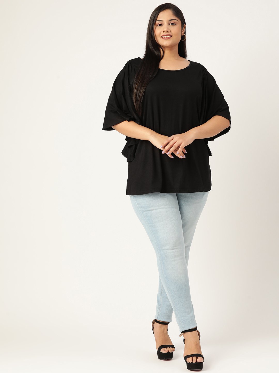 Women's Plus Size Black Solid Color Viscose Knitted Longline top