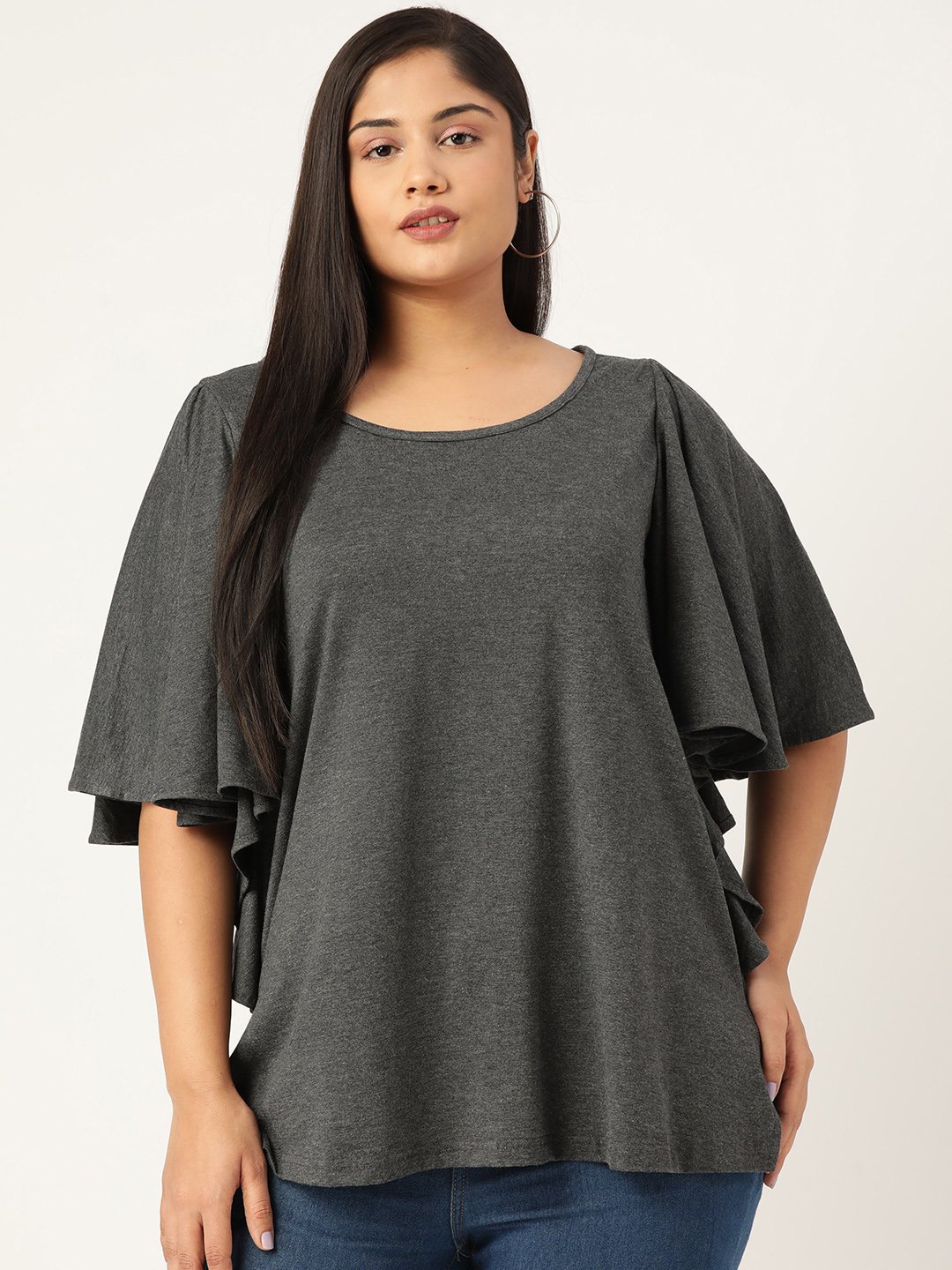 Women's Plus Size Charcoal Grey Solid Color Viscose Knitted Longline top