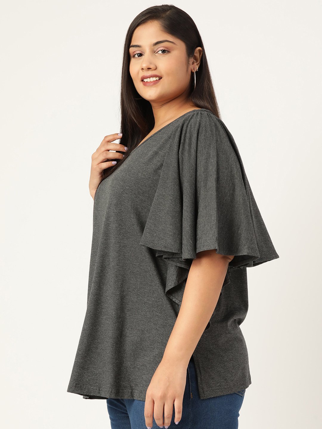 Women's Plus Size Charcoal Grey Solid Color Viscose Knitted Longline top