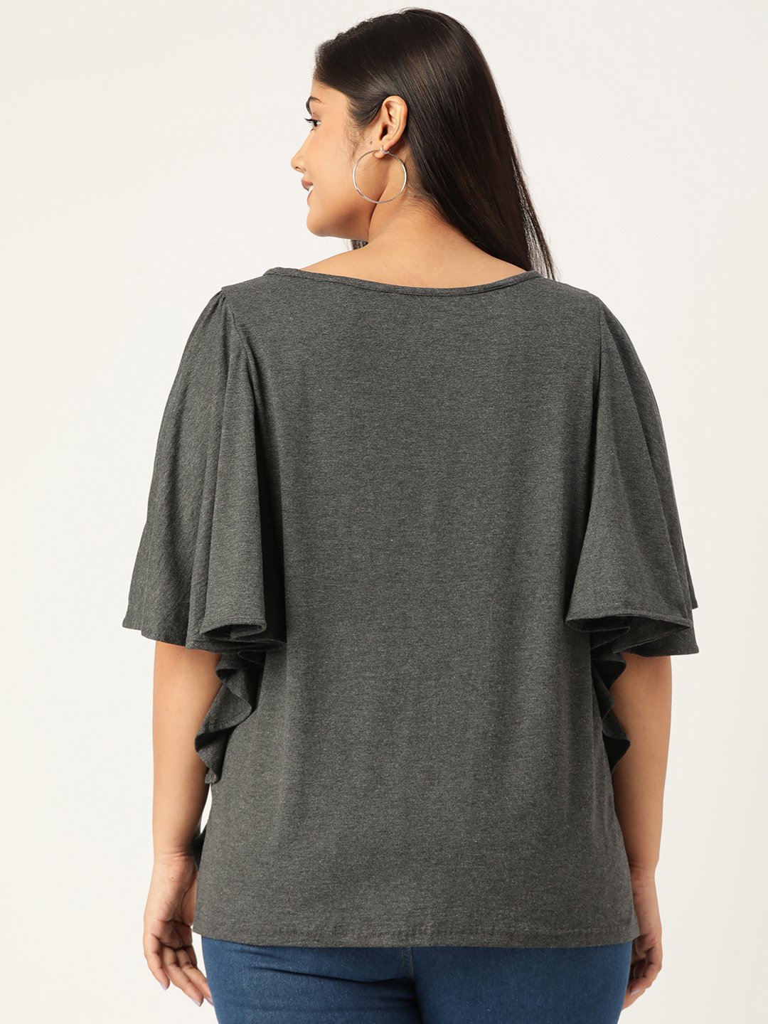 Women's Plus Size Charcoal Grey Solid Color Viscose Knitted Longline top