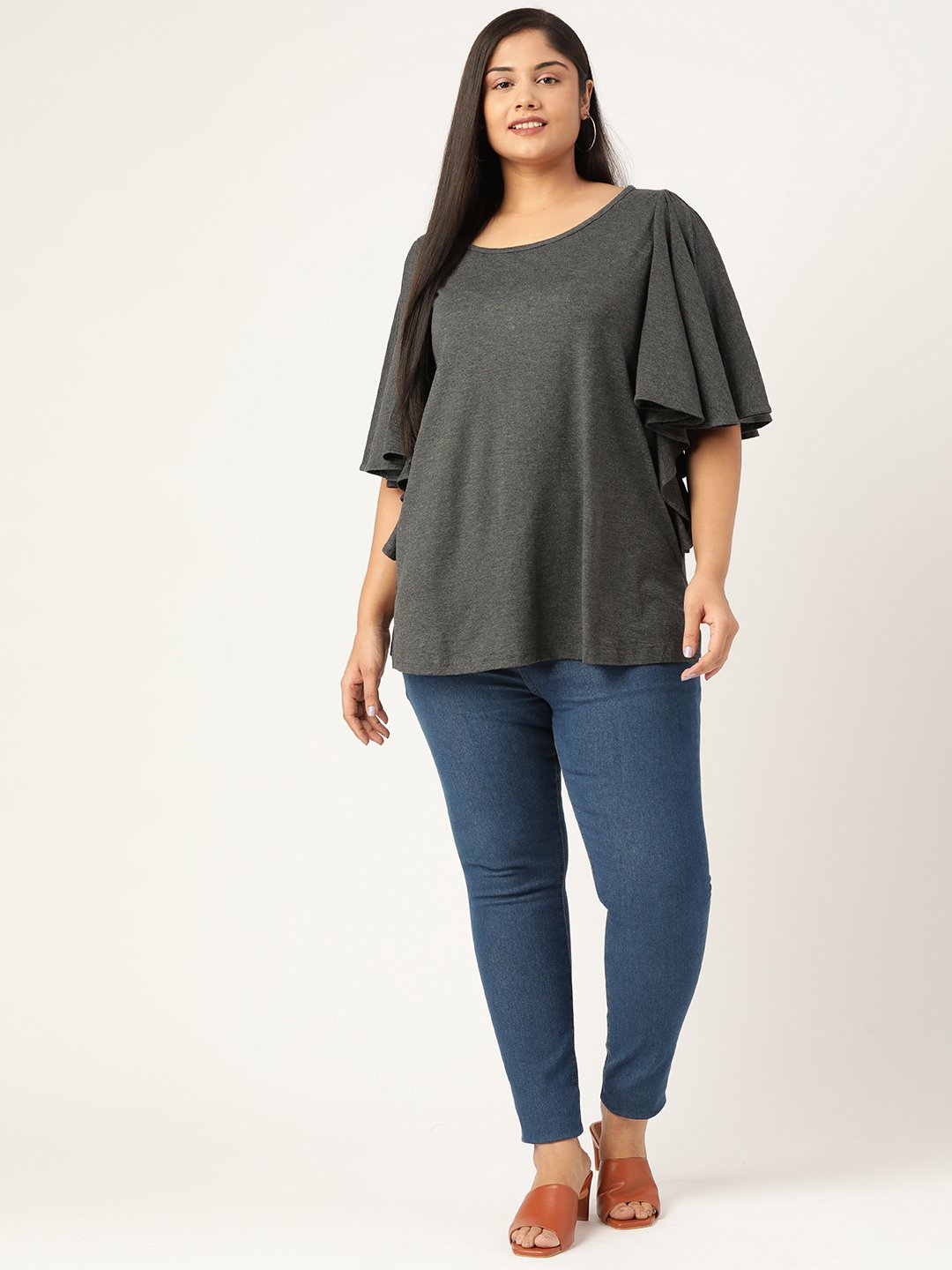 Women's Plus Size Charcoal Grey Solid Color Viscose Knitted Longline top