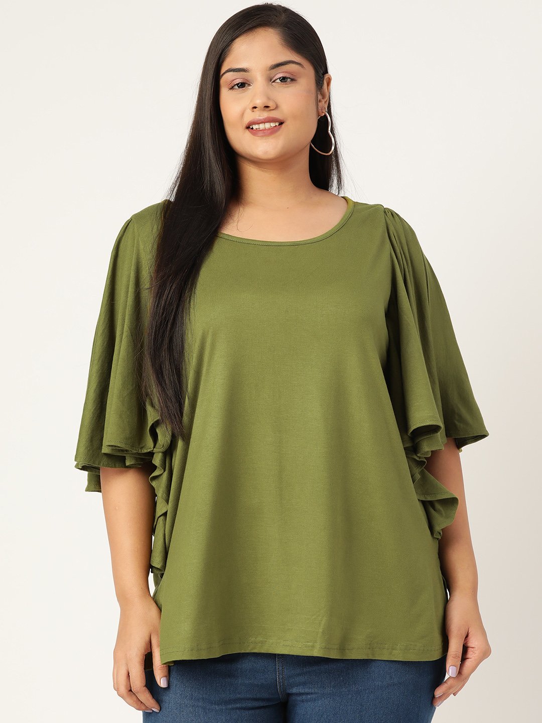 Women's Plus Size Olive Green Solid Color Viscose Knitted Longline top