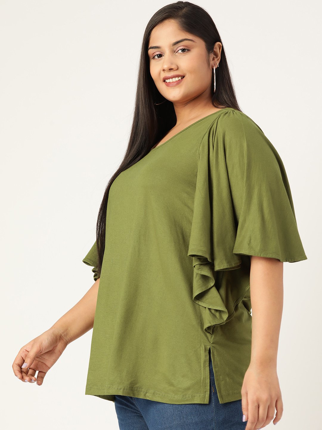 Women's Plus Size Olive Green Solid Color Viscose Knitted Longline top