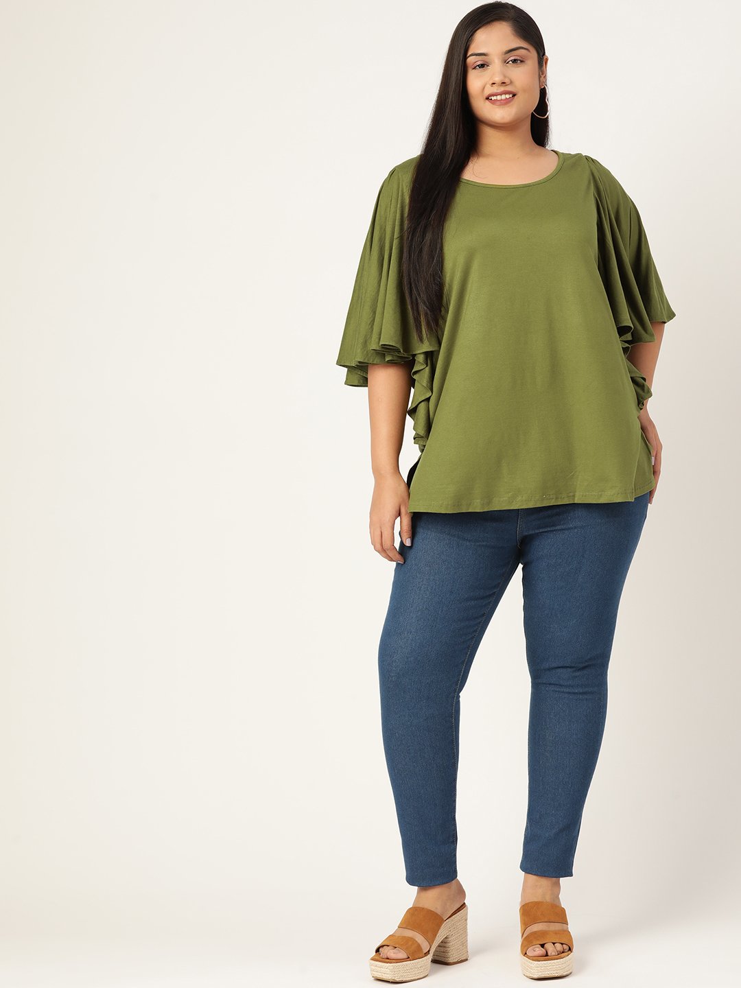 Women's Plus Size Olive Green Solid Color Viscose Knitted Longline top