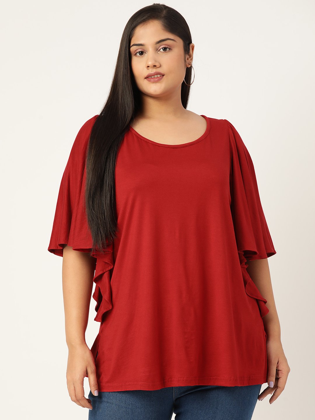 Women's Plus Size Maroon Solid Color Viscose Knitted Longline top