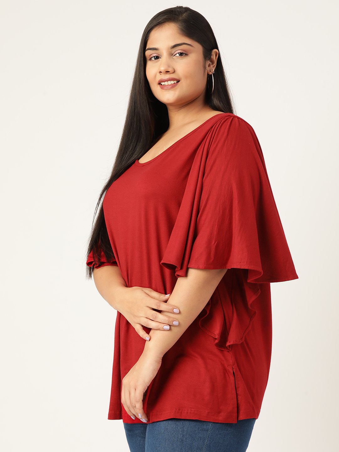 Women's Plus Size Maroon Solid Color Viscose Knitted Longline top