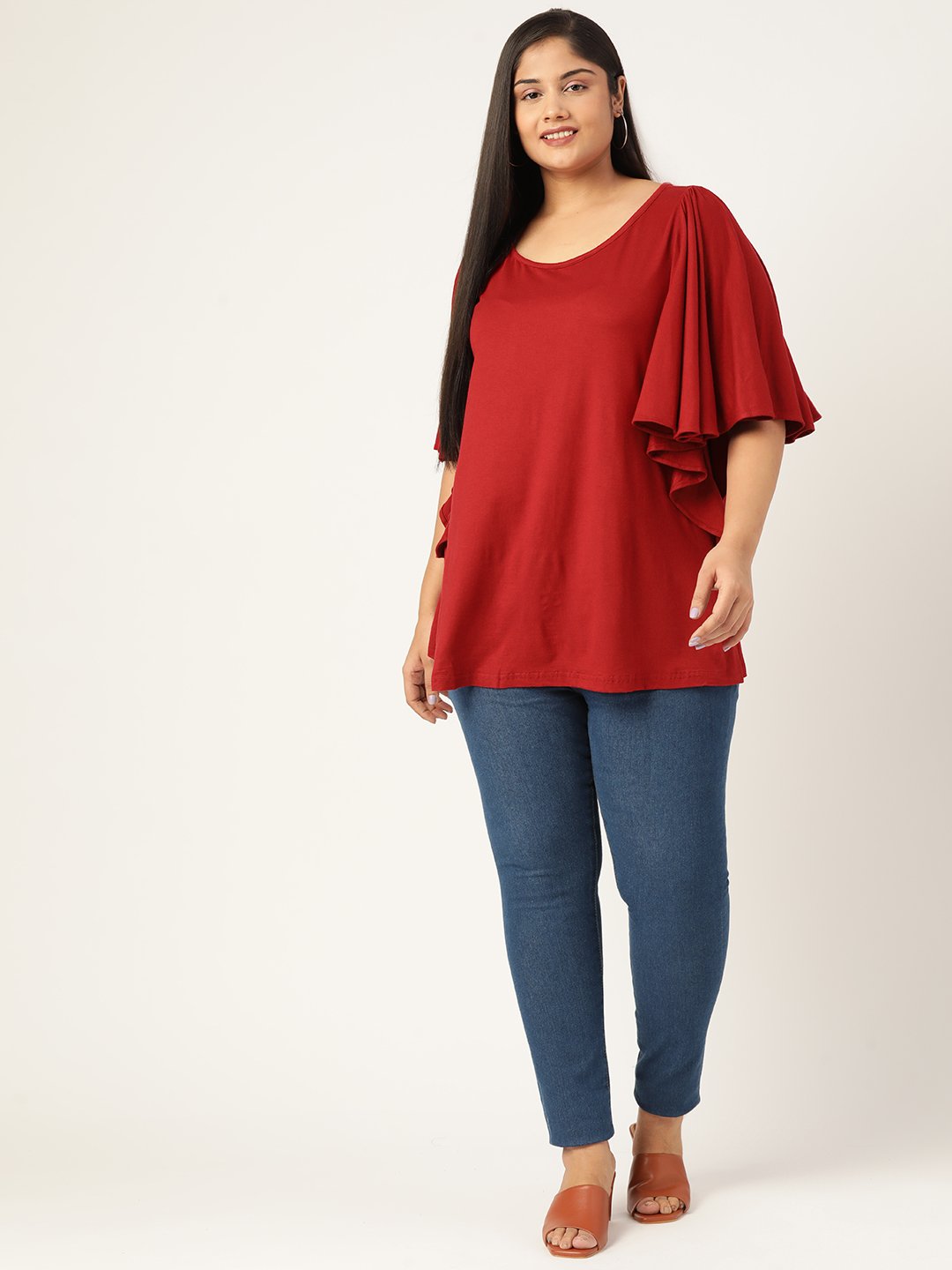 Women's Plus Size Maroon Solid Color Viscose Knitted Longline top
