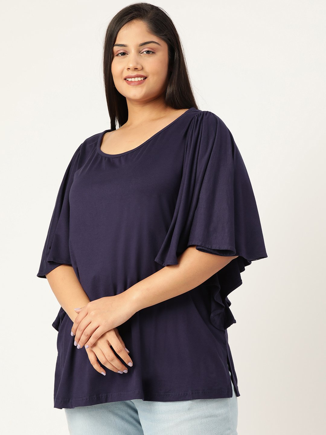 Women's Plus Size Navy Blue Solid Color Viscose Knitted Longline top