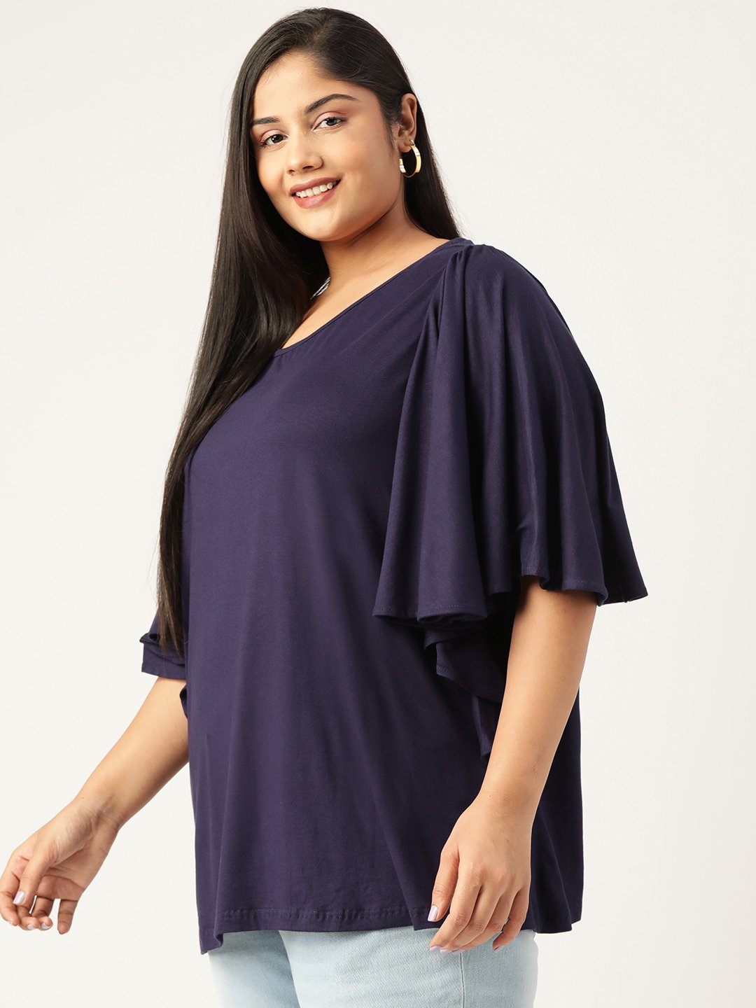 Women's Plus Size Navy Blue Solid Color Viscose Knitted Longline top