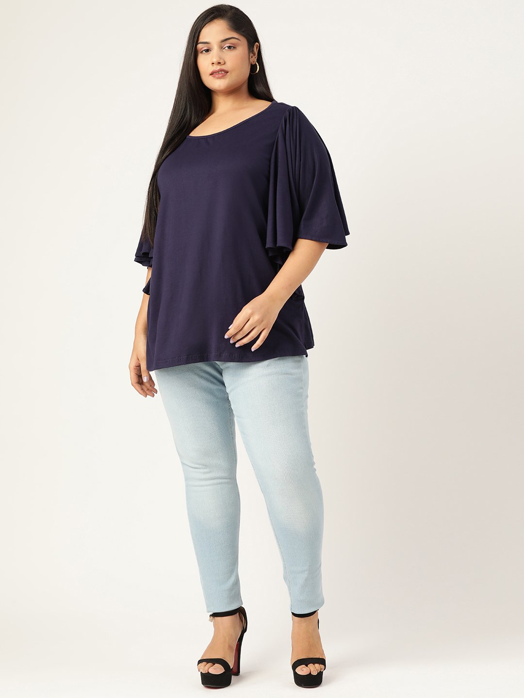 Women's Plus Size Navy Blue Solid Color Viscose Knitted Longline top