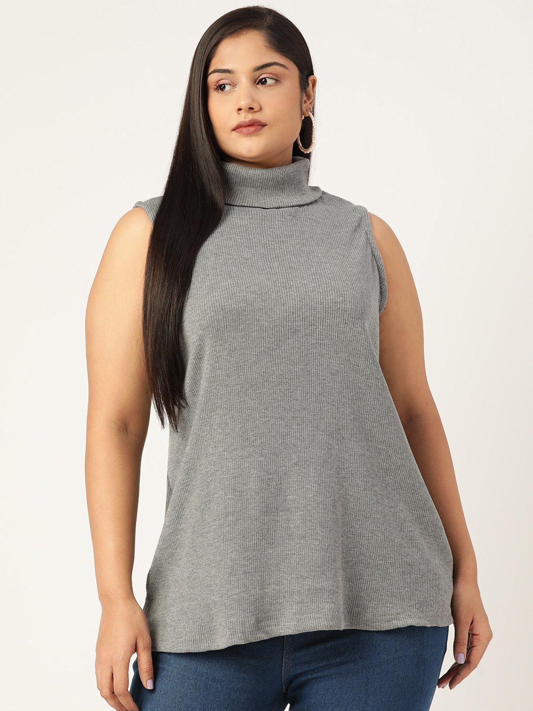Women's Plus Size Charcoal Grey Solid Color Cotton Ribbed Top