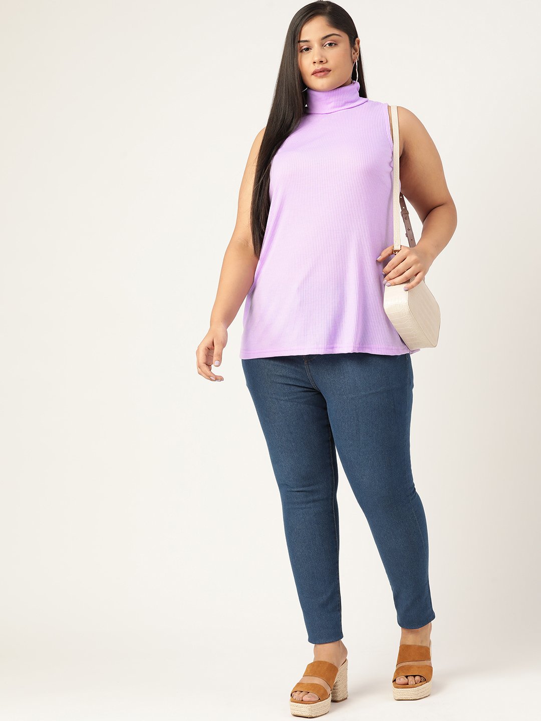 Women's Plus Size Lilac Solid Color Cotton Ribbed Top