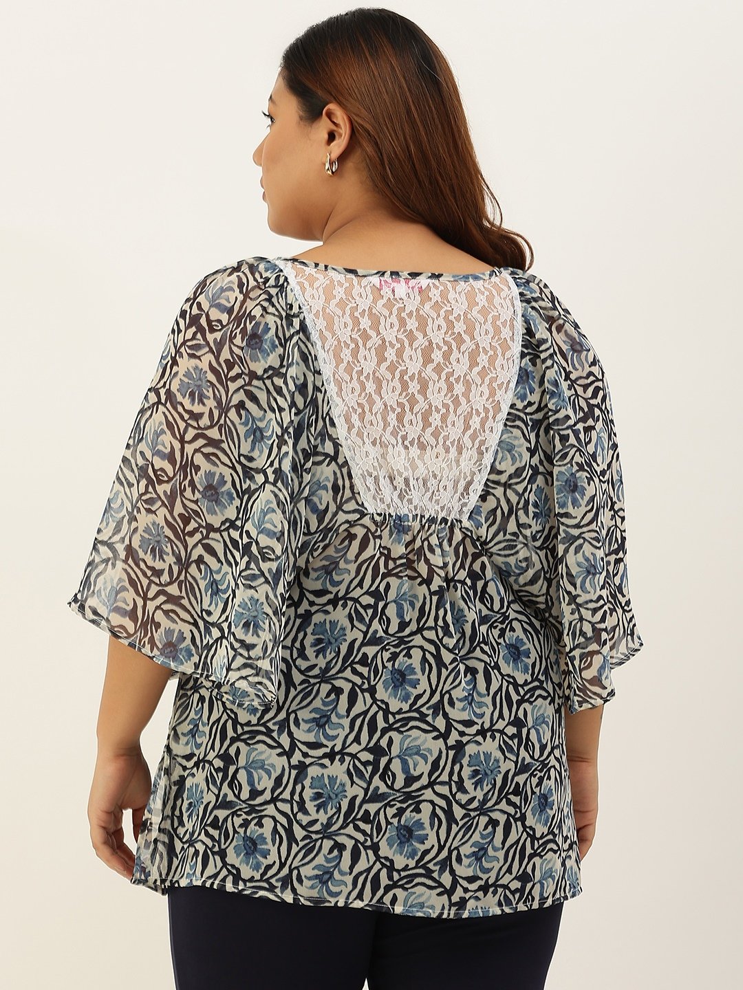 Women's Plus Size Blue & Off White Floral Print Party Wear Top